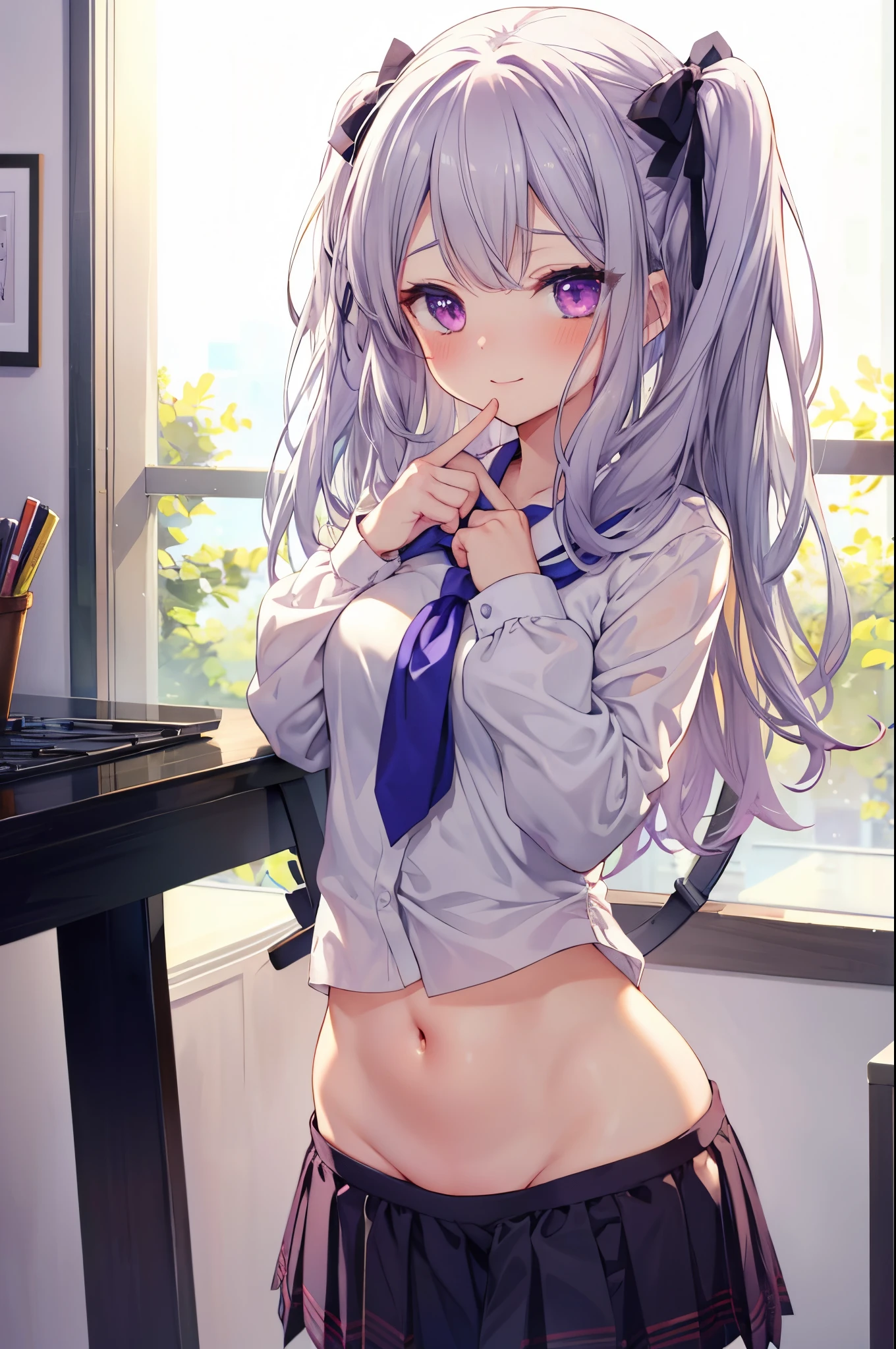 NSFW,1boy,1girl in,((SEX)),on stomach,from behind, bared  chest,White background,Perfect body,mesugaki,Lori,cute little,School uniform,silber hair,Twin-tailed,Large ribbon,Purple eyes,blushed face，Curvaceous,Enchanted thighs,evil smile,Top image quality,masutepiece,Best Quality