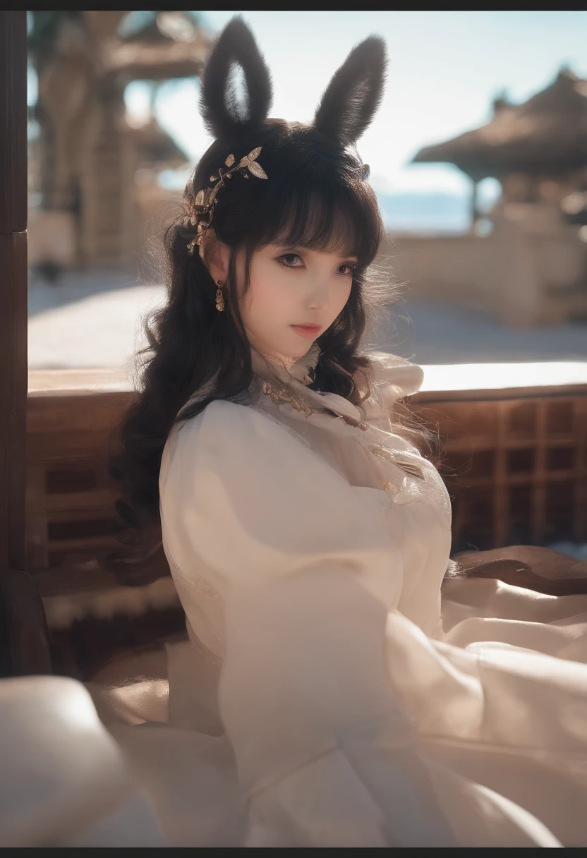 black hair, hair bobbles, wince, longeyelashes, solid circle eyes, fake animal ears, light smile, ear blush, fang, Surrealism, drop shadow, anaglyph, stereogram, tachi-e, pov, atmospheric perspective, 8k, super detail, ccurate, best quality
