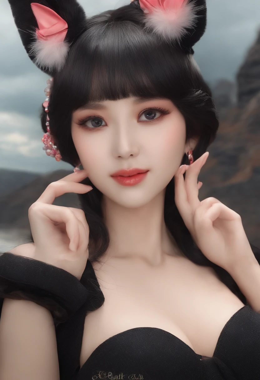 black hair, hair bobbles, wince, longeyelashes, solid circle eyes, fake animal ears, light smile, ear blush, fang, Surrealism, drop shadow, anaglyph, stereogram, tachi-e, pov, atmospheric perspective, 8k, super detail, ccurate, best quality