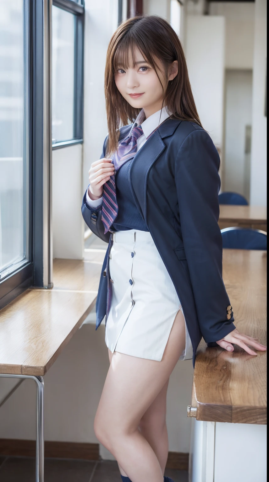 top-quality,ultra - detailed,tmasterpiece,hentail realism,Photorare,Bright lighting,1 girl in, Camera color temperature 3800k、an extremely beautiful -yeld gi (kawaii:1.6),Thin smile, (Brown eyes),(dark brown hair),(By bangs),perfect glossy shiny skins,flawless skin,((erotick,Sexy and sexually explicit)),((Exact pointers,No discomfort)), large full breasts,big breasts thin waist, looking at viewert,((Blazer Uniform)),((Long sleeve uniform white shirt)),(Navy blue tie),((Navy blue miniskirt、No slit)),(((Skirt lift with their own hands))),(lifted by self),(She shows her panties.),lace and black panties,Panty Focus,(Stand with your feet together)), sockes, (Black socks),(Loafer shoes), In the daytime,Station platform、stand through the window、