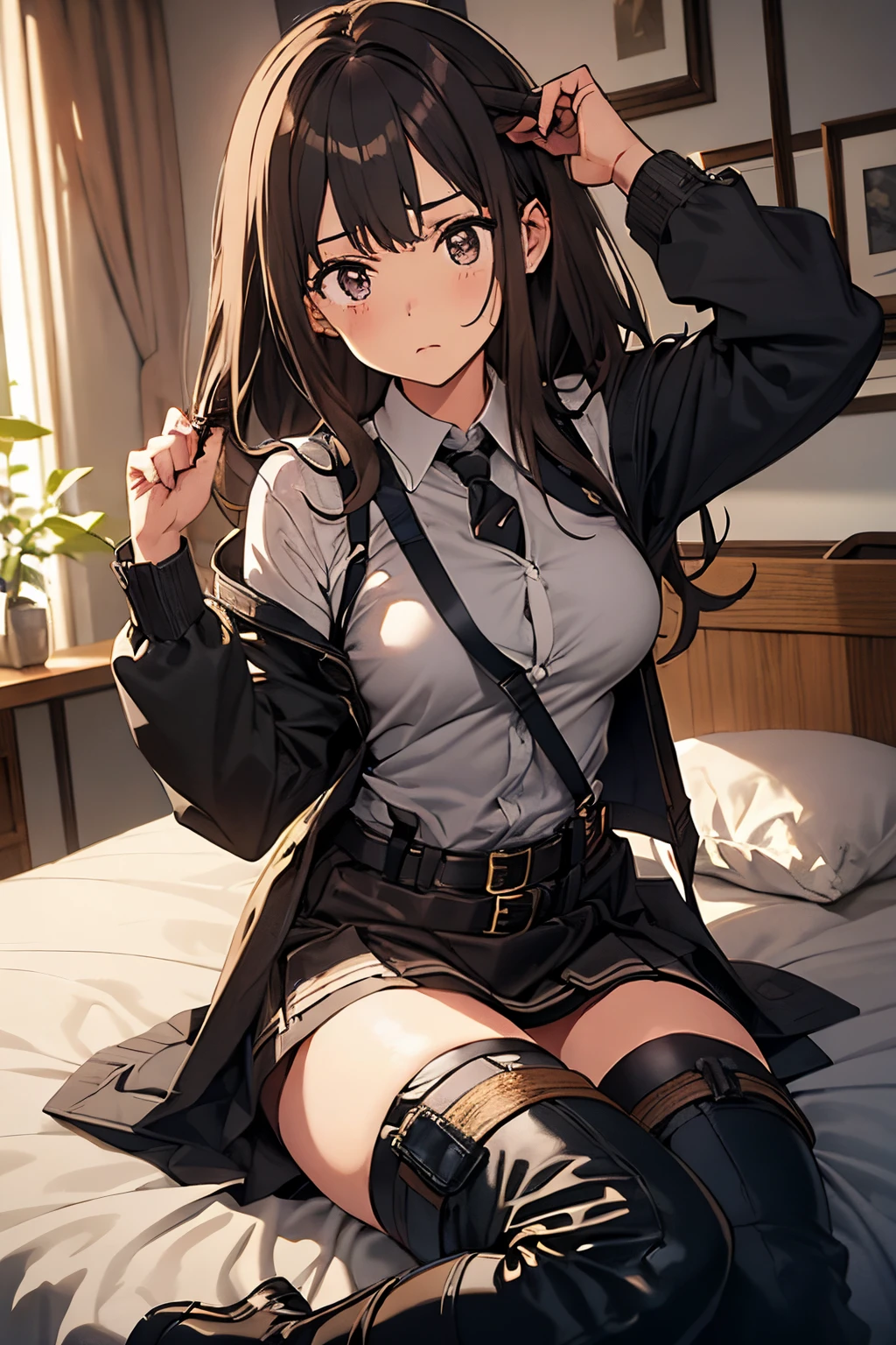 Brown hair、watching at viewers　　　black suspenders　　　Bulging big breasts　　 　 　　　walls: 　Black miniskirt　garters　　　　　　Gaze　　　Small face　bangss 　　　holster　　Belt Armament　Beautuful Women　srestrained　hands up　Lying in bed　Leg holster lying on the bed　　Gaze 　black boots panty shot