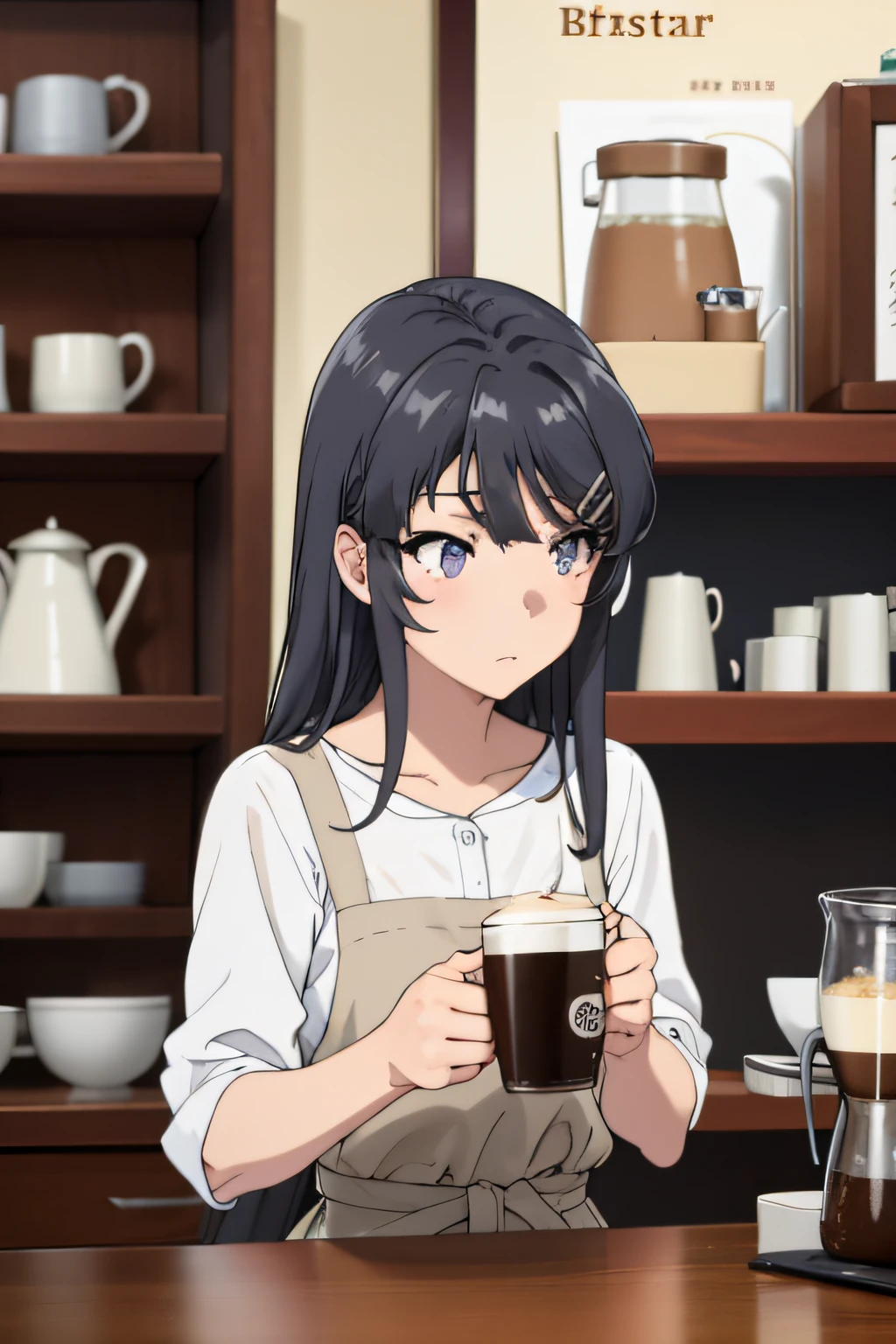 A girl making coffee in a coffee shop, [detailed interior], [cozy atmosphere], [custom coffee machine], [aroma of freshly brewed coffee], [barista pouring milk], [professional barista skills], [beautiful latte art], [busy morning crowd], [warm lighting], [rustic decor], [vintage coffee cups], [coffee beans display], [lively conversations], [soft background music], (best quality,highres), [vivid colors], [Café ambiance], [rich flavor], [caffeine boost], (realistic), [coffee shop hustle], [steaming milk], [espresso shots], [artistic presentation], [caffeine cravings], (physically-based rendering), [mouthwatering pastries], [cozy seating area], [coffee shop regulars], [coffee passion], [craftsmanship], [coffee aroma in the air], [caffeine fix], [caffeinated creations], [coffee shop vibes], [caffeine corner], [artisanal coffee experience].
