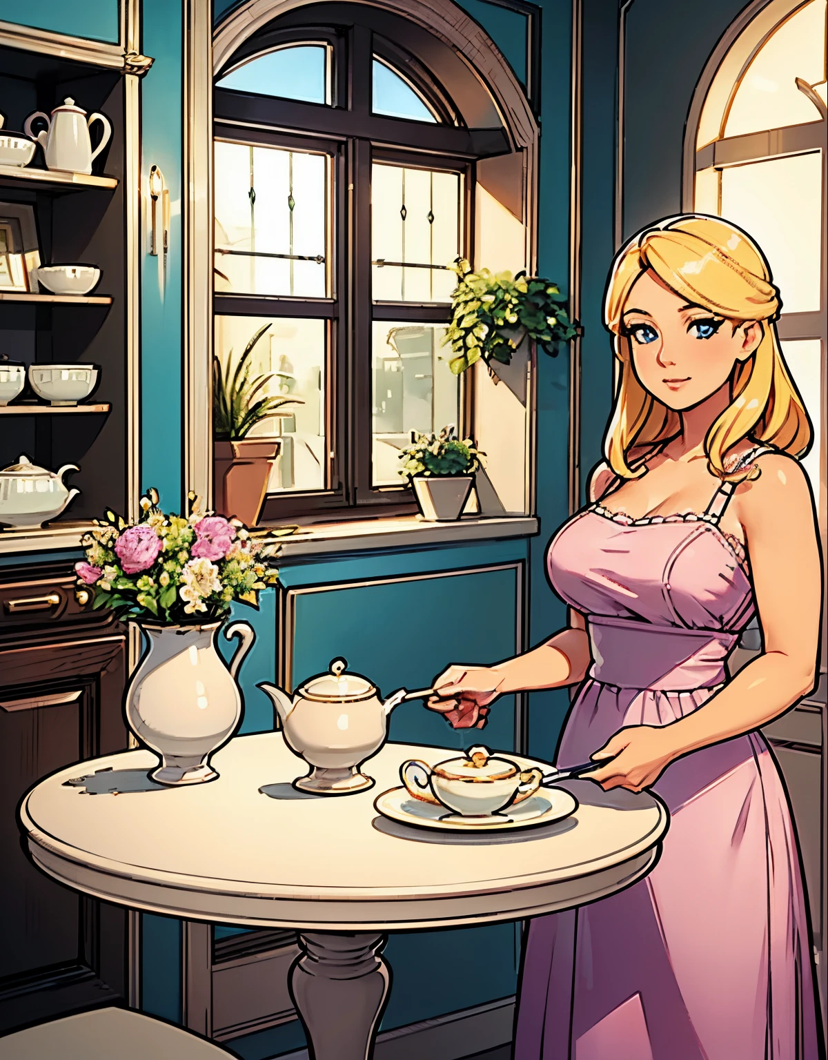 (robot housewife),(display case),(pink dress),(blonde hair),(blue eyes),(plastic skin),(best quality,4k,8k,highres,masterpiece:1.2),ultra-detailed,(realistic,photorealistic,photo-realistic:1.37),portraits,(vibrant colors,colorful:1.1),(soft lighting),(silverware),(spotless kitchen),(beautifully decorated room),(floral wallpaper),(sparkling clean),(freshly baked bread),(kitchen appliances),(polished countertops),(cooking utensils),(elegant surroundings),(big windows),(tidy and organized),(comfortable living space),(tastefully designed),(lush garden),(well-kept lawn),(bright and inviting),(cozy couch),(artificial plants),(stunning artwork),(dainty tea set),(delicate porcelain figurines),(glass showcase),(precious collectibles),(interesting artifacts),(showcasing treasures),(spotlight),(meticulously arranged),(enticing arrangement), robot parts