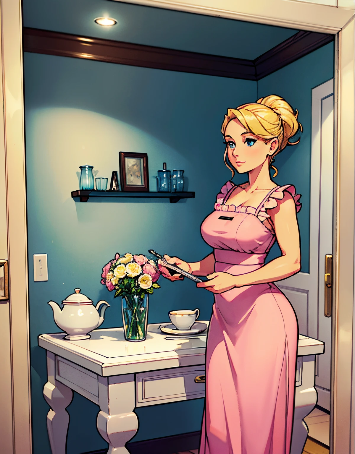 (robot housewife),(display case),(pink dress),(blonde hair),(blue eyes),(plastic skin),(best quality,4k,8k,highres,masterpiece:1.2),ultra-detailed,(realistic,photorealistic,photo-realistic:1.37),portraits,(vibrant colors,colorful:1.1),(soft lighting),(silverware),(spotless kitchen),(beautifully decorated room),(floral wallpaper),(sparkling clean),(freshly baked bread),(kitchen appliances),(polished countertops),(cooking utensils),(elegant surroundings),(big windows),(tidy and organized),(comfortable living space),(tastefully designed),(lush garden),(well-kept lawn),(bright and inviting),(cozy couch),(artificial plants),(stunning artwork),(dainty tea set),(delicate porcelain figurines),(glass showcase),(precious collectibles),(interesting artifacts),(showcasing treasures),(spotlight),(meticulously arranged),(enticing arrangement), robot parts