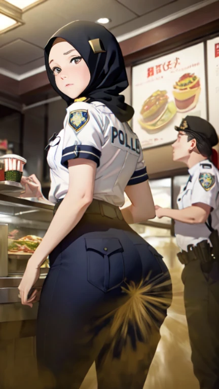 ((velocity)),Attacked by farts, (((Women farting))),(girl farting while ordering food)),frowned,velocity,(a female police), (wearing a police uniform),(standing facing the screen),(her butt facing the screen)) (wear hijab),(Asian woman),(fastfood restaurat),(masterpiece:1.2、top-quality)、(the Extremely Detailed CG Unity 8K Wallpapers、ultra-detailliert、Best Shadows)、(细致背景)、(The best lighting、extremely delicate and beautiful)、depth of fields、1girl in、独奏、upward looking gaze、