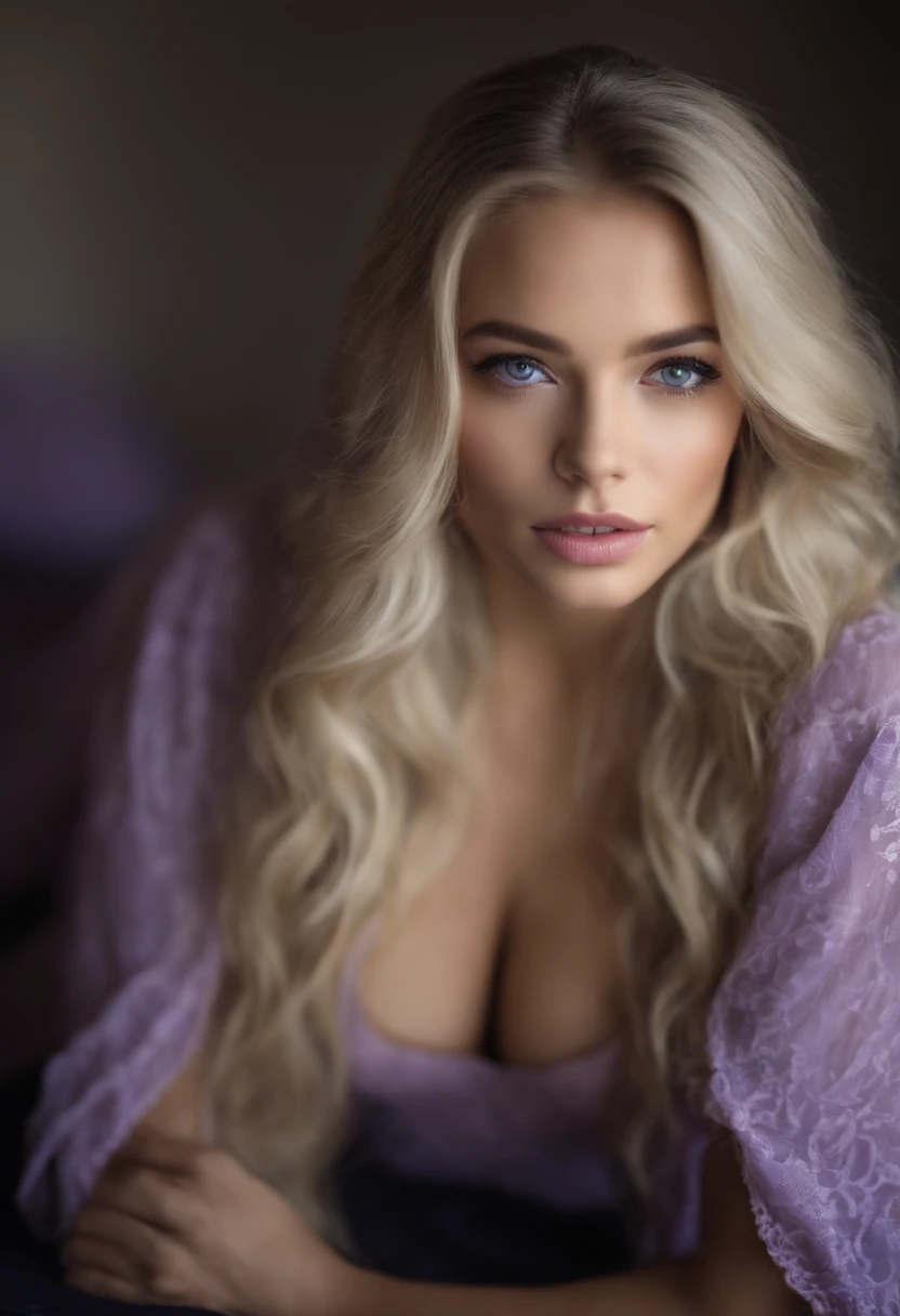 Femme Arafed complètement , fille sexy aux yeux bleus, ultra réaliste, Méticuleusement détaillé, Portrait Sophie Mudd, cheveux blonds et grands yeux, Selfie d’une jeune femme, Yeux de chambre, Violet Myers, sans maquillage, maquillage naturel, Regarder directement la caméra, Visage avec Artgram, Maquillage subtil, Superbe photo du corps entier agenouillée sur le lit, dans la chambre, Buste de taille moyenne à grande