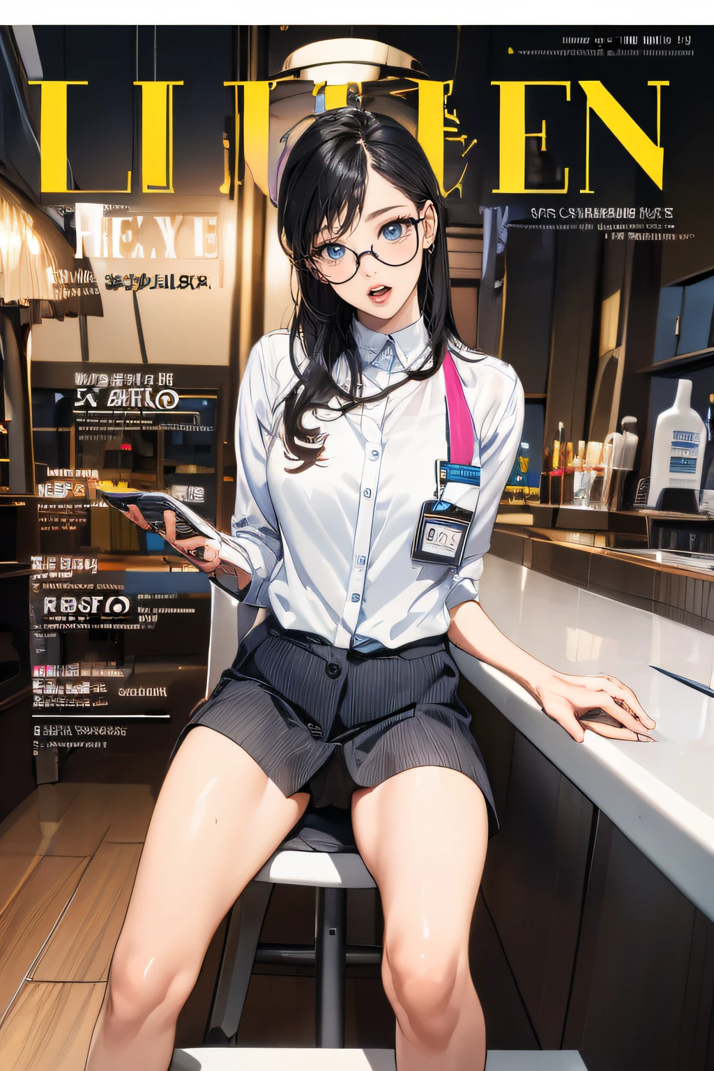 (((magazine's cover))), (large title), (many heading), (white border), (whole body), the chest button is undone, 1km tall woman straddling Sky tree in Tokyo. straddling to hit her crotch on top, open legs, raise leg, open mouth, masturbation, ecstasy face, subway station, ceiling,