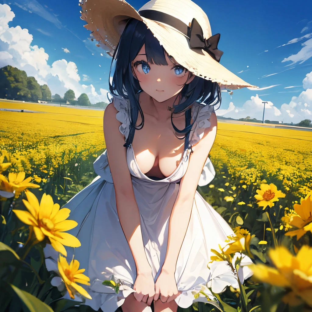 1 girl with small breasts,(cabelos preto e longos),(blue color eyes),(Black pupils),Fair skin,best facial description,(wears a white dress),Put a sun hat on your head,(standing in flower field:1.2),Lift your right foot slightly,Hold the brim of the hat with both hands,lookingat,yellow flowers in flower field,Beautiful weather,and the sun was shining brightly,A breeze ruffled my hair,Best quality,lamplight,upperbody closeup,