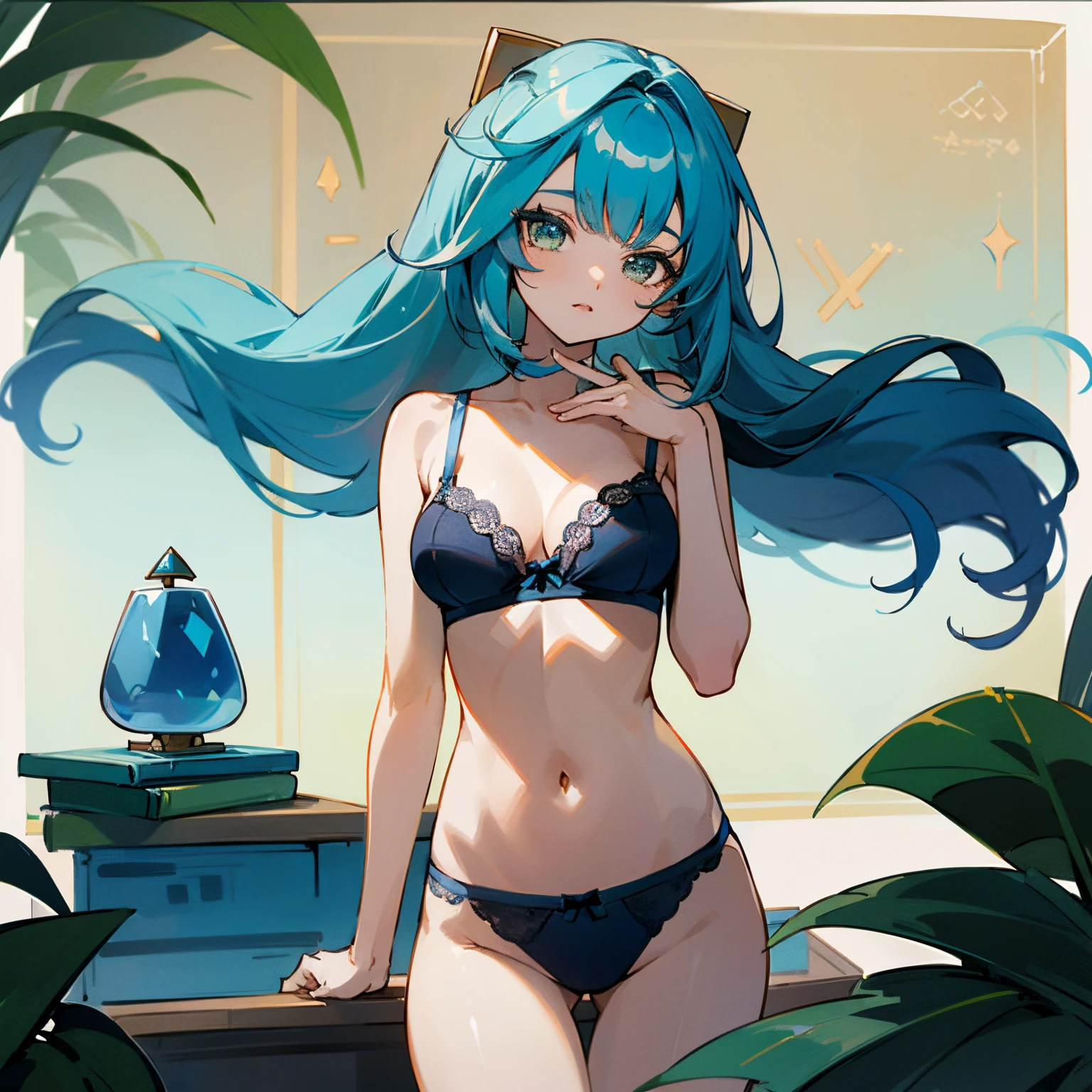 thicc,azul ((underwear,in a bra and panties))) azul Faruzan,cabelos longos,((blue hair is blue a turquoise gradient))azul,olhos multicoloridos, gradient eyes,ornamento de cabelo, Caudas duplas, x ornamento de cabelo, jewelries, pulseira,azul ((escola, Technology Room, plantas em segundo plano)),papel de parede, seios enormes, azulalta qualidade, high resolution,azul