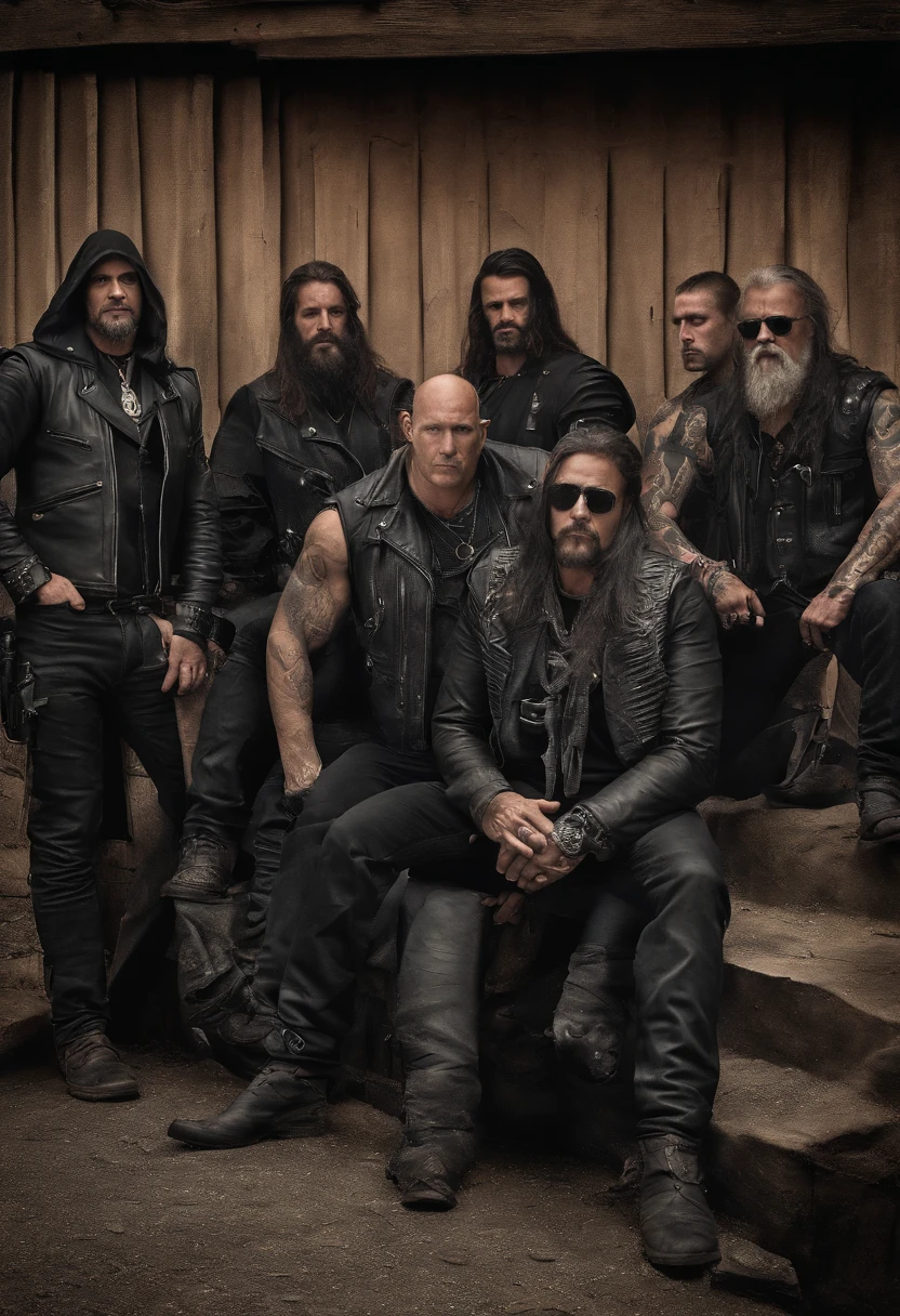 A photo of Reaper and the gang gathering for a strategic planning session,original,Jason “Reaper” Donovan was an imposing figure, standing at 6’5” with a muscular build, embodying the quintessential outlaw biker. His body was adorned with tattoos, each symbolizing a chapter of his turbulent life. A distinctive scar running down his left cheek and cold, piercing eyes added to his intimidating presence. Reaper’s rugged, weathered features spoke of a life lived on the edge, far removed from ordinary society., male