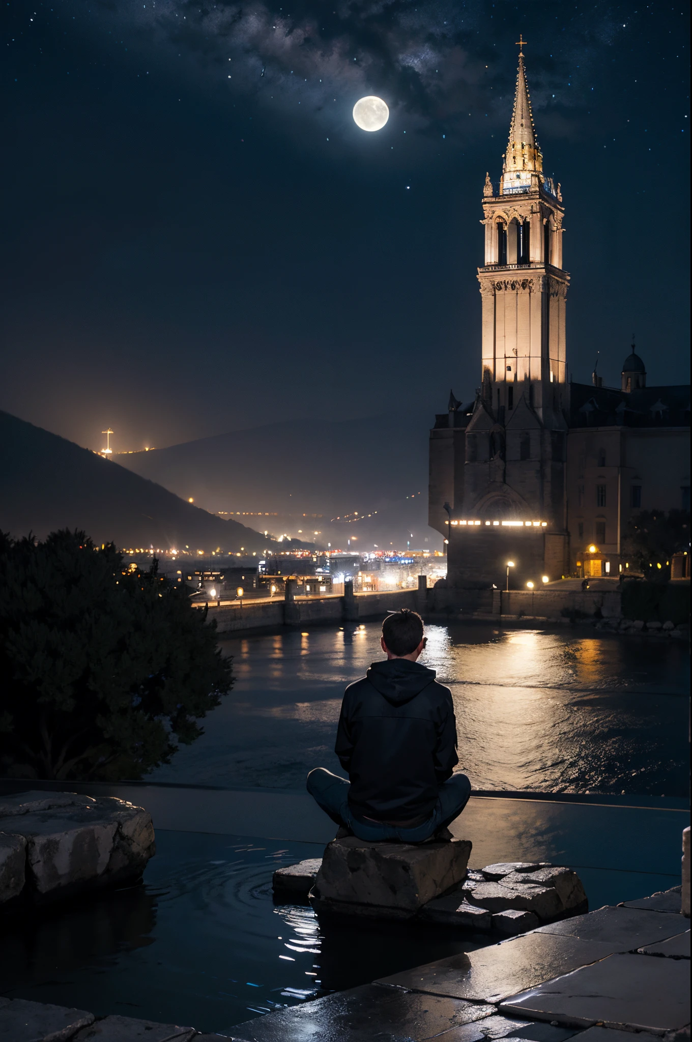 Gargola de piedra meditando en la cima del temolo notredame,hambiente tetrico,bajo la lluvia,noche oscura,rallos y truenos,en las alturas,acagchado en un saliente,dimonaco,guardian,lluvia intensa en una noche estrellada,luna brillante,reflexibo,lluvia y agua callendo,llaviendo en una tormenta,