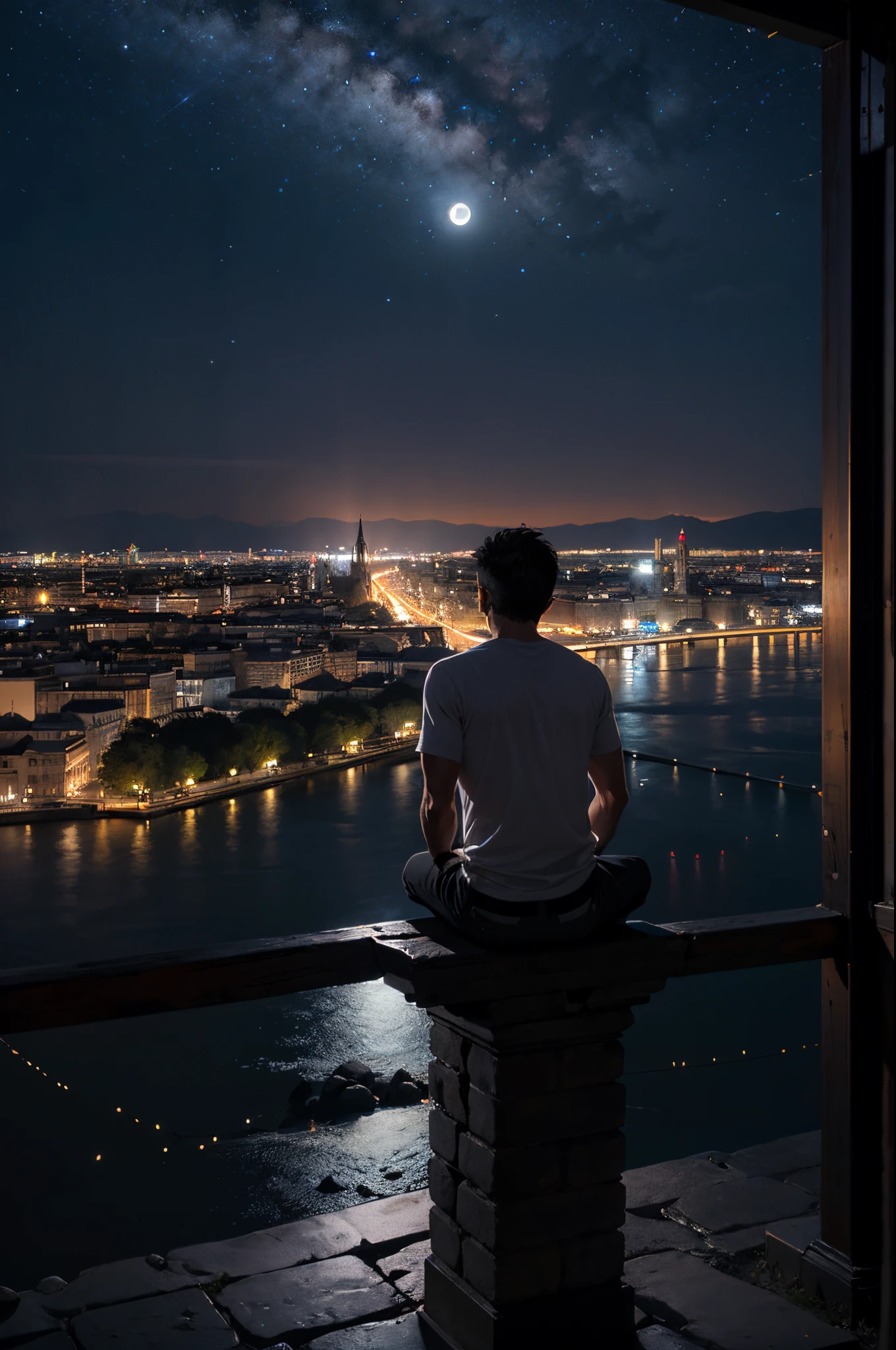 Gargola de piedra meditando en la cima del temolo notredame,hambiente tetrico,bajo la lluvia,noche oscura,rallos y truenos,en las alturas,acagchado en un saliente,dimonaco,guardian,lluvia intensa en una noche estrellada,luna brillante,reflexibo,lluvia y agua callendo,llaviendo en una tormenta,