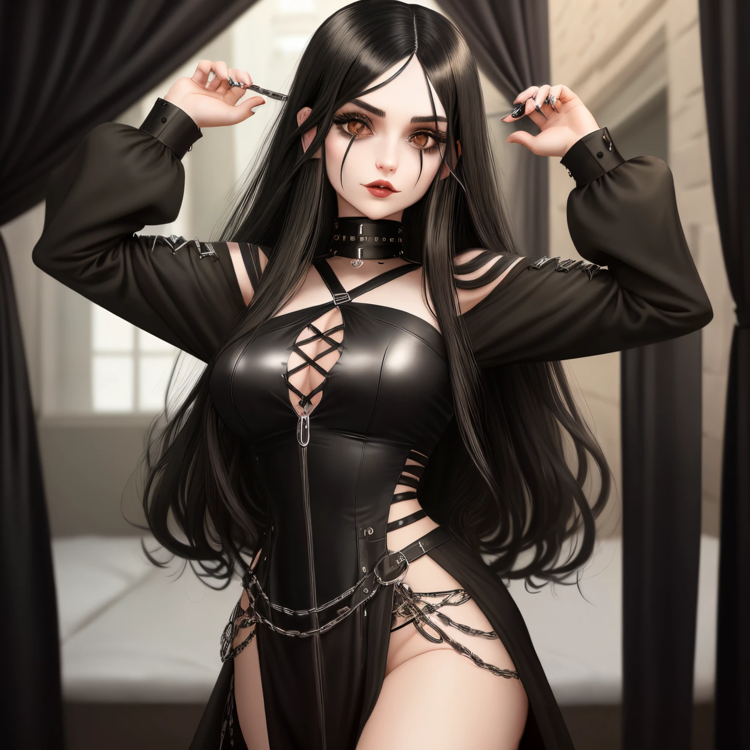 one 2D goth woman. long black hair middle part blond curtain bangs. black eyes. olive skin. septum ring. nostril ring.