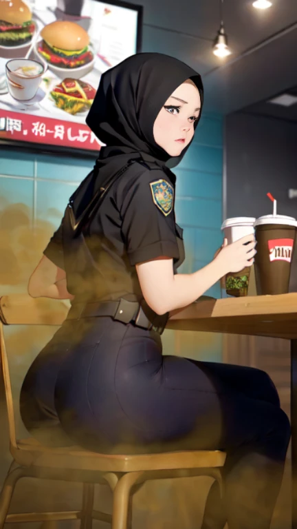 ((velocity)),Attacked by farts, (((Women farting))),(girl farting while seat on table and eat the food)),frowned,velocity,(a female police), (wearing a police uniform),(sit facing the screen),(her butt facing the screen)) (wear hijab),(Asian woman),(fastfood restaurat),(masterpiece:1.2、top-quality)、(the Extremely Detailed CG Unity 8K Wallpapers、ultra-detailliert、Best Shadows)、(细致背景)、(The best lighting、extremely delicate and beautiful)、depth of fields、1girl in、独奏、upward looking gaze、