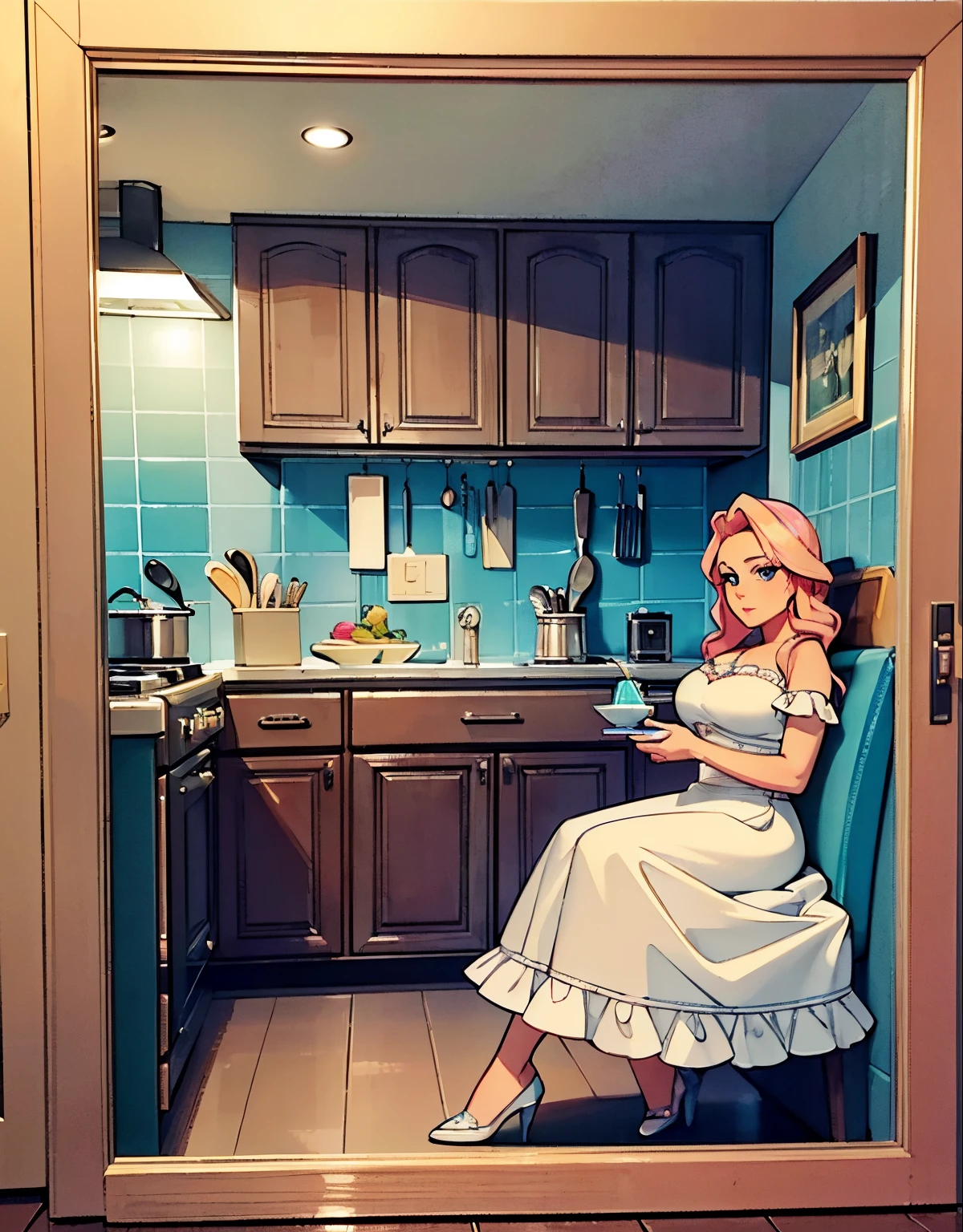 (robot housewife),(display case),(pink dress),(blonde hair),(blue eyes),(plastic skin),(best quality,4k,8k,highres,masterpiece:1.2),ultra-detailed,(realistic,photorealistic,photo-realistic:1.37),portraits,(vibrant colors,colorful:1.1),(soft lighting),(silverware),(spotless kitchen),(beautifully decorated room),(floral wallpaper),(sparkling clean),(freshly baked bread),(kitchen appliances),(polished countertops),(cooking utensils),(elegant surroundings),(big windows),(tidy and organized),(comfortable living space),(tastefully designed),(lush garden),(well-kept lawn),(bright and inviting),(cozy couch),(artificial plants),(stunning artwork),(dainty tea set),(delicate porcelain figurines),(glass showcase),(precious collectibles),(interesting artifacts),(showcasing treasures),(spotlight),(meticulously arranged),(enticing arrangement), robot parts