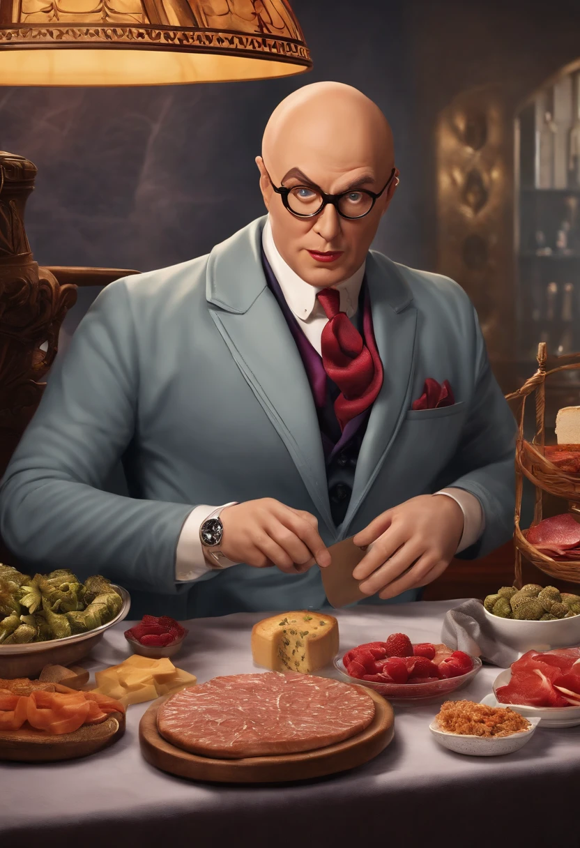 A photo of Doctor Evil attempting to create an evil-themed charcuterie board,Austin Powers: International Man of Mystery,Doctor Evil, the comical villain from the “Austin Powers” series, is characterized by his bald head, a prominent scar running down his right eye, and a matching gray suit that gives him a distinctively villainous look. He often accentuates his appearance with a dramatic, exaggerated facial expression, usually accompanied by his signature pinky gesture near his mouth., male