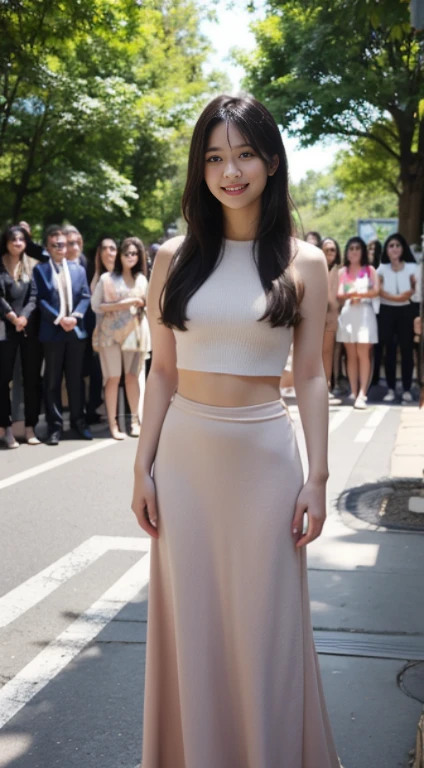 high resolution,no NSFW,True NSFW,NSFW is not evil,Everyone nude,full body nude,sweaty body,nudist Femele Japanese top idol mature Teen 3girls,not have public under hair,Full Nude, All Nude,location in front of a crowd packed Press conference show stage center,being watched by a lot of people, Nature, legal,legal MSFW,Shy Smile Face,mutated hands and fingers,