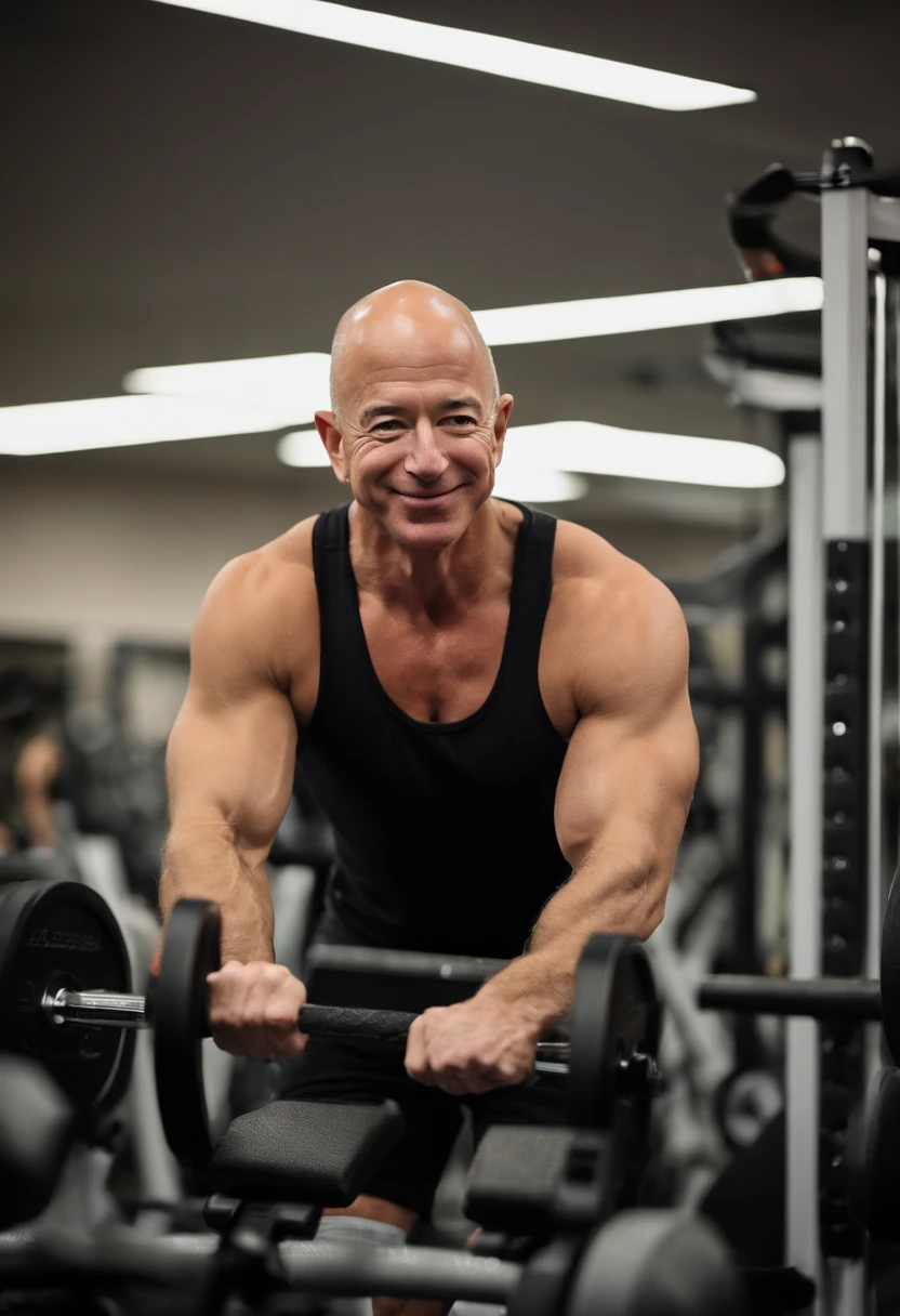 A photo of Bezos working out at the gym,original,Jeff Bezos, the founder of Amazon, is known for his bald head and often a warm, yet measured smile, presenting a recognizable and influential figure in the tech world. He usually appears in public wearing professional yet relatively understated attire, reflecting his practical approach to business and life. He’s gotten absolutely jacked after taking lots of testosterone and HGH., male