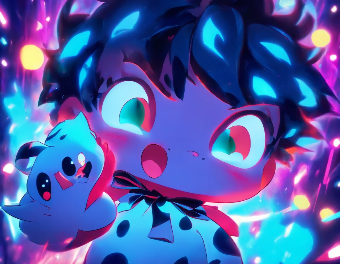 a super cute baby pongo with a blue tiny bow, looks adorable, in a cool background with blue vibrant neon colors, masterpiece.