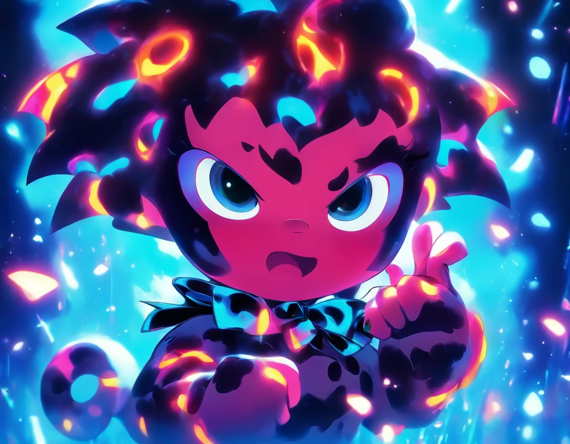 a super cute pongo with a blue tiny bow, looks adorable, in a cool background with blue vibrant neon colors, masterpiece.