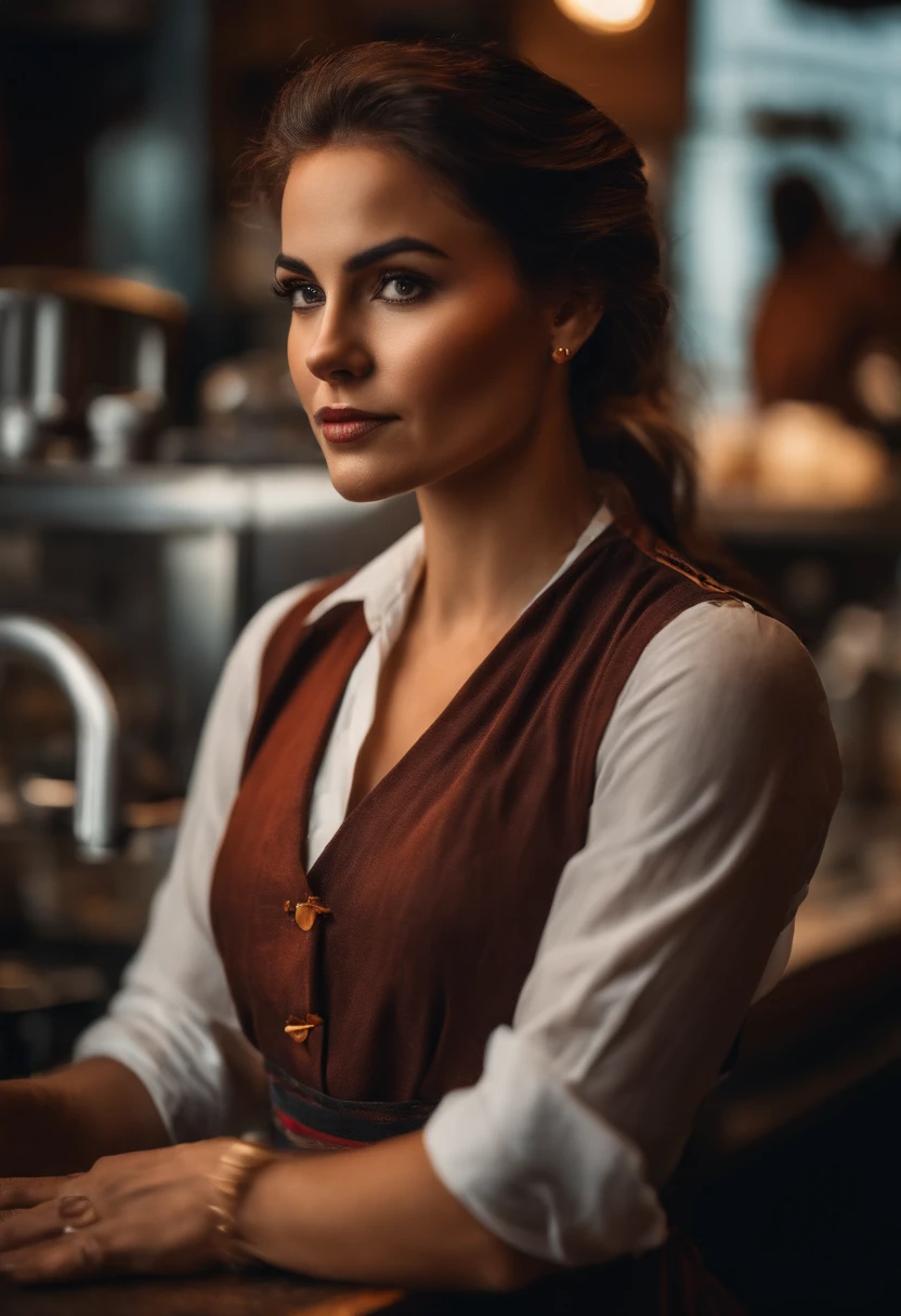 Cafe worker woman with a beard and a chiseled face