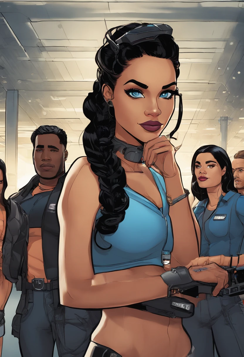 A photo of Madison and her team at a local technology convention, surrounded by cutting-edge gadgets and displays.,original,Madison Kane is a tall woman with jet black hair in a ponytail, and piercing blue eyes. Her skin is a fairer tone, and flawless. , female