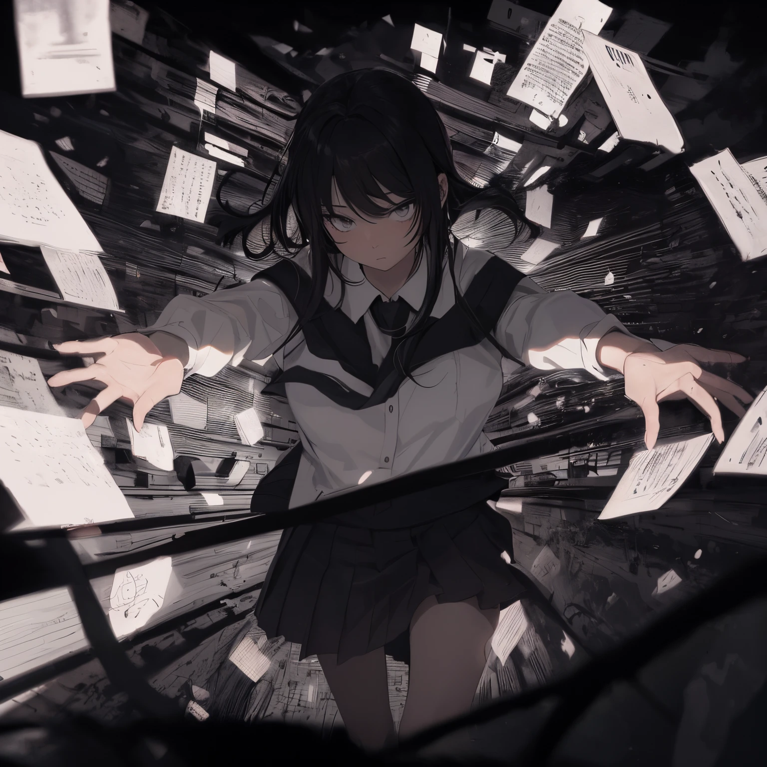 in the style of Chi no Wadachi, manga style, black and white, a girl standing, wearing a school uniform reaching out for embrace with both hands, surrounded by darkness, black hair, her face scribbled out, ((wide shot)), ((centered)), ((from below, distanced)), ((in the distance surrounded by darkness))