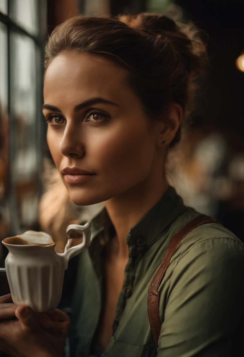 Cafe worker woman with a beard and a chiseled face