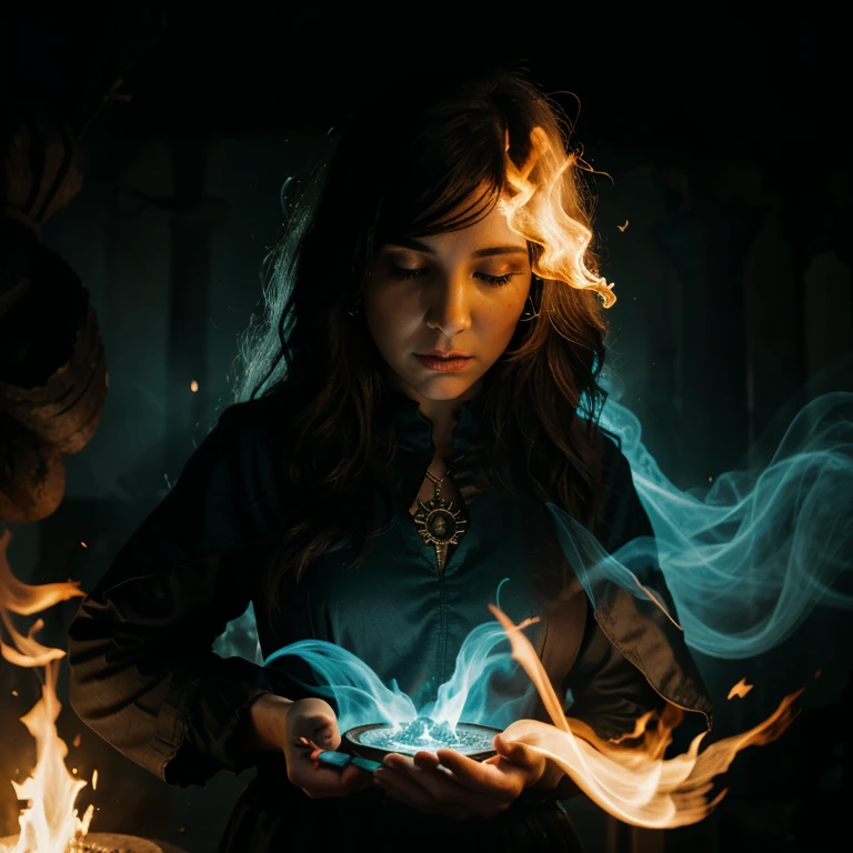 Ghost, glow, mist, woman, fire, magic, spell, calling forth a spirit, chaos