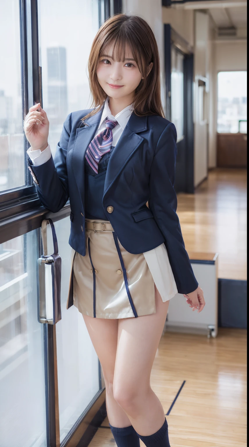 top-quality,ultra - detailed,tmasterpiece,hentail realism,Photorare,Bright lighting,1 girl in, Camera color temperature 3800k、an extremely beautiful 17-year-old girl, (kawaii:1.6),Thin smile, (Brown eyes),(dark brown hair),(By bangs),perfect glossy shiny skins,flawless skin,((erotick,Sexy and sexually explicit)),((Exact pointers,No discomfort)), large full breasts,big breasts thin waist, looking at viewert,((Blazer Uniform)),((Long sleeve uniform white shirt)),(Navy blue tie),((Navy blue miniskirt、No slit)),(((Skirt lift with their own hands))),(lifted by self),(She shows her panties.),lace and black panties,Panty Focus,(Stand with your feet together)), sockes, (Black socks),(Loafer shoes), In the daytime,Station platform、stand through the window、
