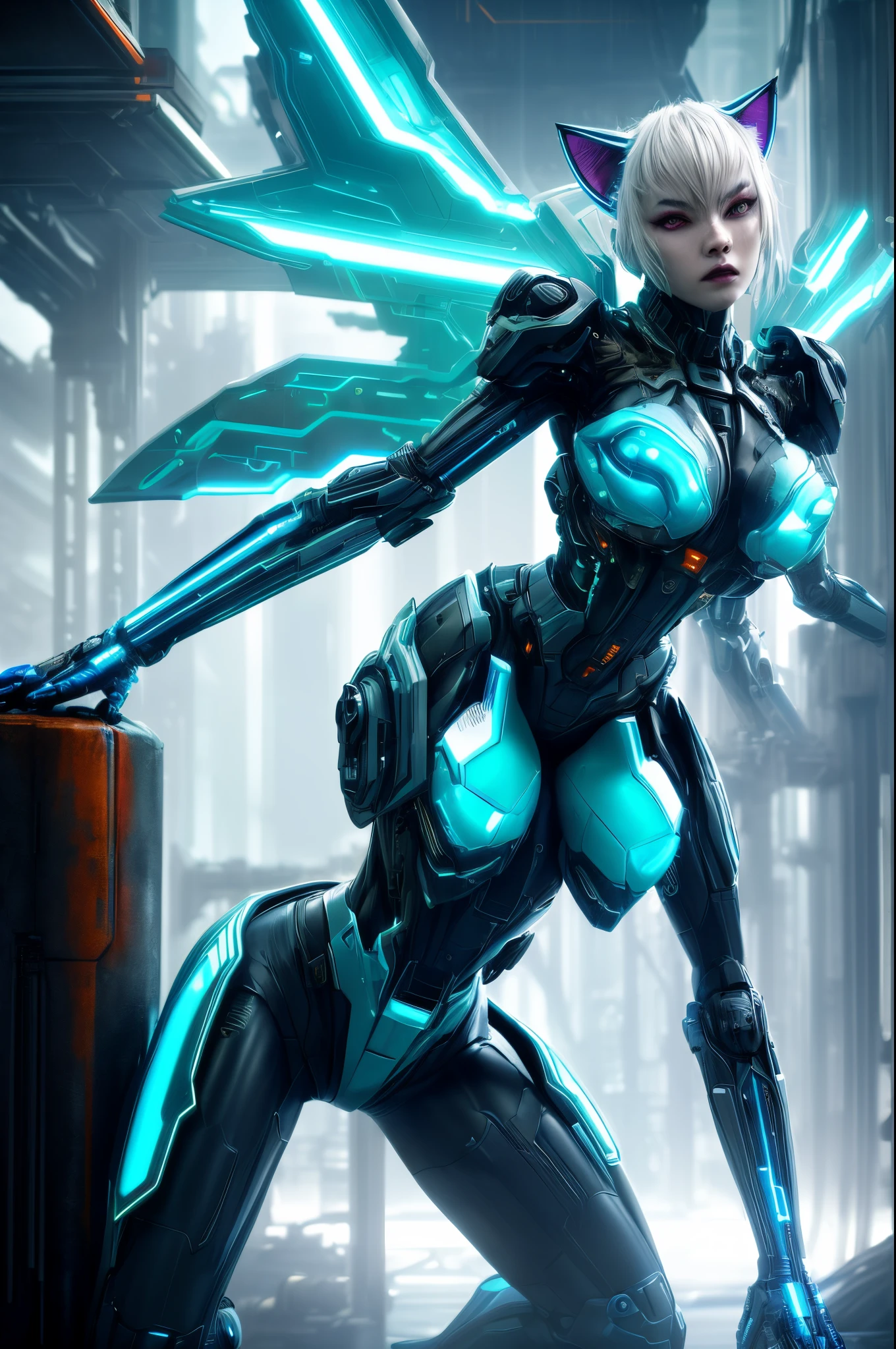 (Best quality,4K,8K,Tall structures,tmasterpiece:1.2),hyper-detailing,(realistically,photoreali,photoreali:1.37),cyber punk personage,White leopard-woman hybrid,neonlight,dark and gritty atmosphere,Luminous implants,Sci-fi fashion,Reflective surfaces,Heavy rain and fog,Substantially modified body parts,Electric blue and neon green color scheme、cybernetically enhanced、Seamless fusion of human and animal characteristics,Amazing stature and feline agility,sparks flying,Technological progress,Impressive warping and marking,Snorkel and oxygen mask,criminal gang'secret underground lab,Contrast of natural and man-made elements,Technology implants blend seamlessly into the body,sharp claws and teeth,Metal and chrome trim,Corroded and rusted structures,Digital display failure,Persistent sense of danger and uneasiness。,more detail XL