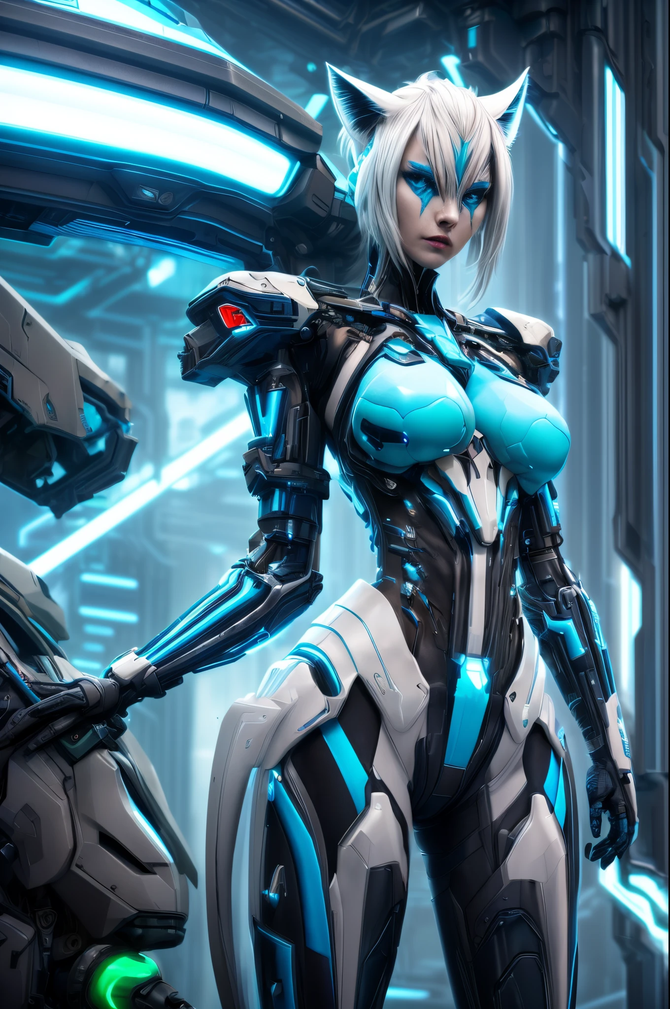 （Best quality，4K，8K，Tall structures，tmasterpiece：1.2），hyper-detailing，（realistically，photoreali，photoreali：1.37），cyber punk personage，White leopard-woman hybrid，neonlight，dark and gritty atmosphere，Luminous implants，Sci-fi fashion，Reflective surfaces，Heavy rain and fog，Substantially modified body parts，Electric blue and neon green color scheme、cybernetically enhanced、Seamless fusion of human and animal characteristics，Amazing stature and feline agility，sparks flying，Technological progress，Impressive warping and marking，Snorkel and oxygen mask，criminal gang&#39;secret underground lab，Contrast of natural and man-made elements，Technology implants blend seamlessly into the body，sharp claws and teeth，Metal and chrome trim，Corroded and rusted structures，Digital display failure，Persistent sense of danger and uneasiness。,more detail XL