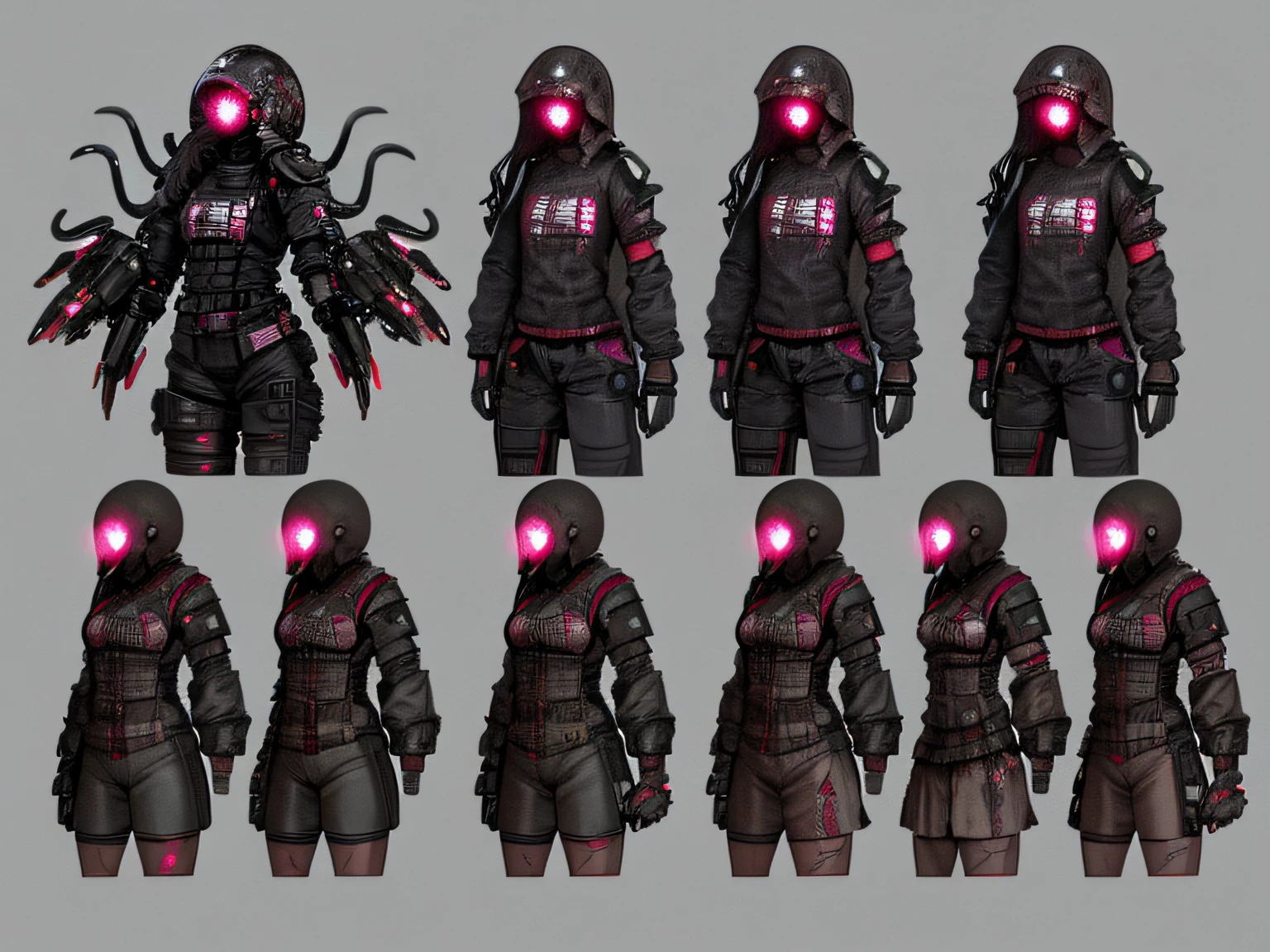 (((tentacles biopunk horror))), dark biopunk girl, ((biopunk character sheet)), ((multiple poss and expressions)), red gray hair, (cast iron full face helmet), closed clothing, Biopunk clothing, biopunk meat augmentations, Cold lighting, abandoned landscape in biopunk style, (Biopunk style), Horror atmosphere, the presence of something scary, very detailed biopunk background, (Hans Giger's gadgets), perfect anatomy, Masterpiece