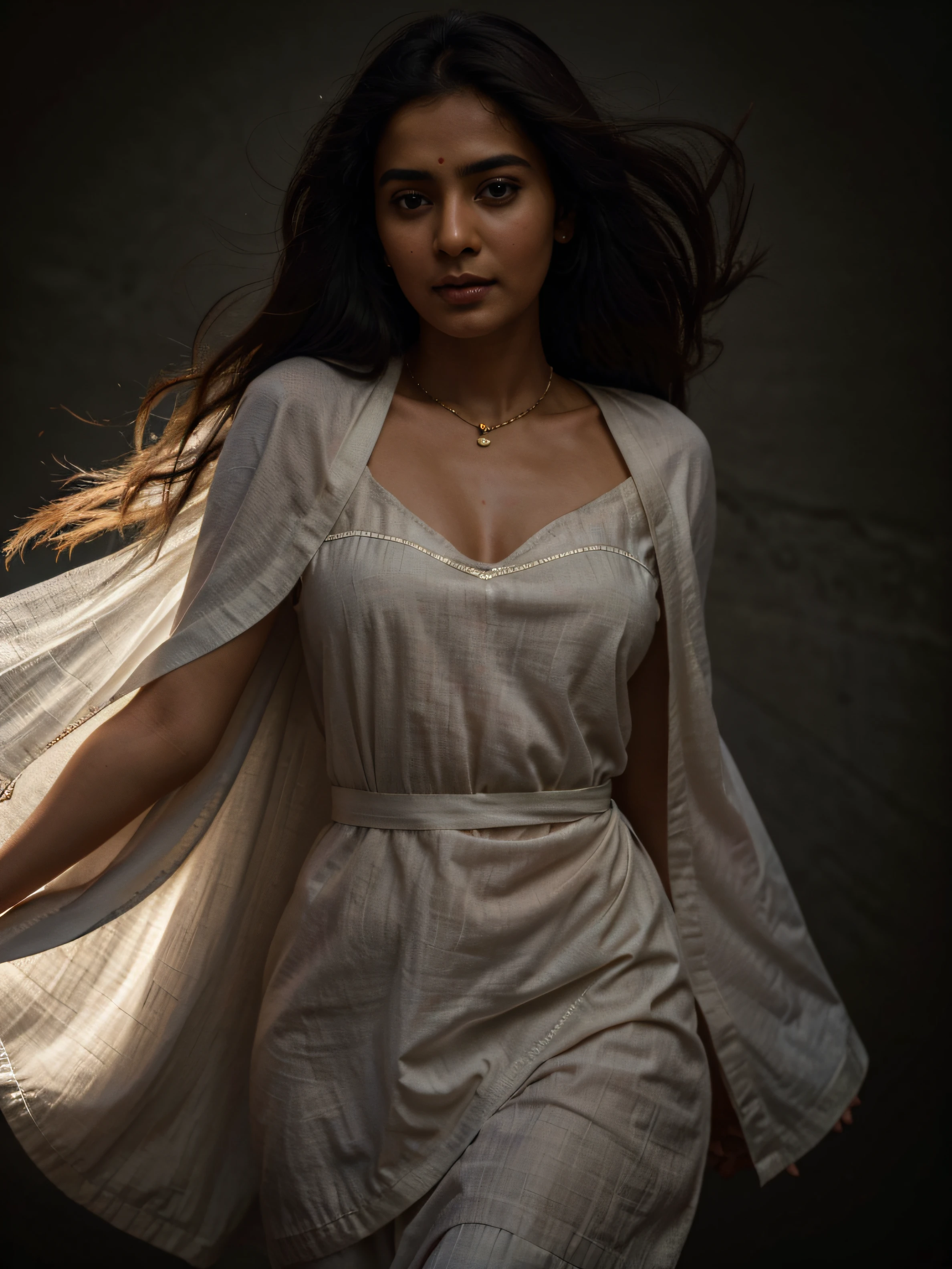 Face of a beautiful North Indian woman in ethnic clothing close up in the center of the sheet., without going over the edges, Dark hair, strand, escaping from under the cape, on a clean dark background, soft light, Highest Quality, high detail, hyper realisitc, Hyperrealistic photo, cinematic quality, high detail, Raw
