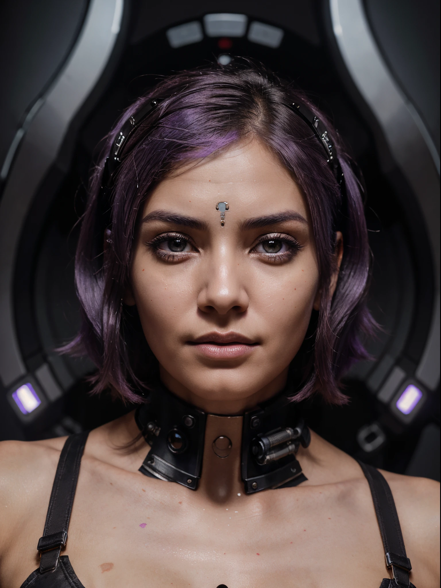 The face of a beautiful cyborg woman of the North Indian type in the style of steampunk, cyberpunk, close-up in the center of the sheet, without going beyond the edges, lilac hair, glowing eyes, on a clean dark background, the highest quality, high detail, hyperrealism, hyperrealistic photo, cinematic quality, high detail, RAW