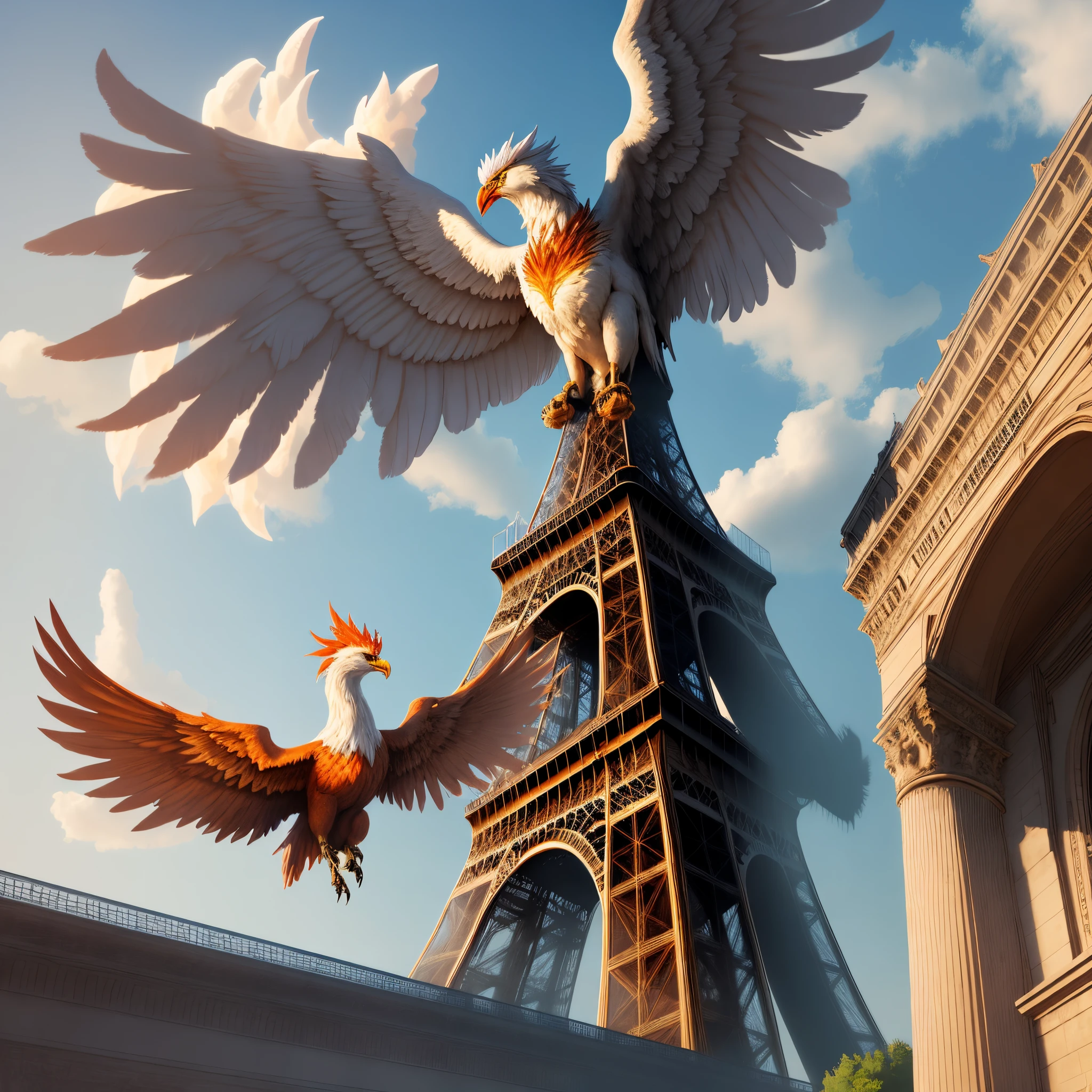 A realistic phoenix on top of the Eiffel Tower