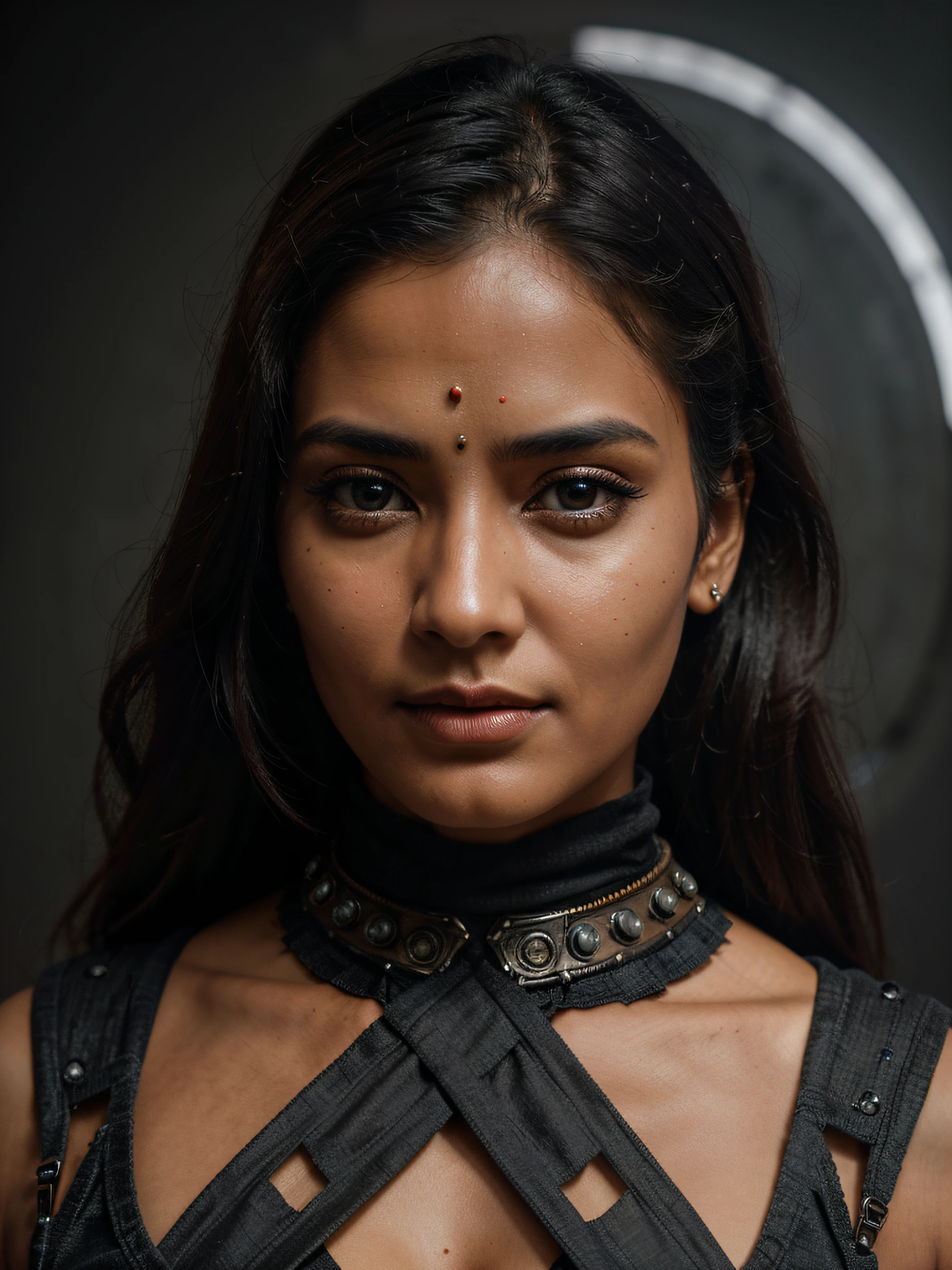 Face of a beautiful North Indian Iborg woman in steampunk style., ciberpunk, close-up in the center of the sheet, without going over the edges, on a clean dark gray background, Highest Quality, high detail, hyper realisitc, Hyperrealistic photo, cinematic quality, high detail, Raw