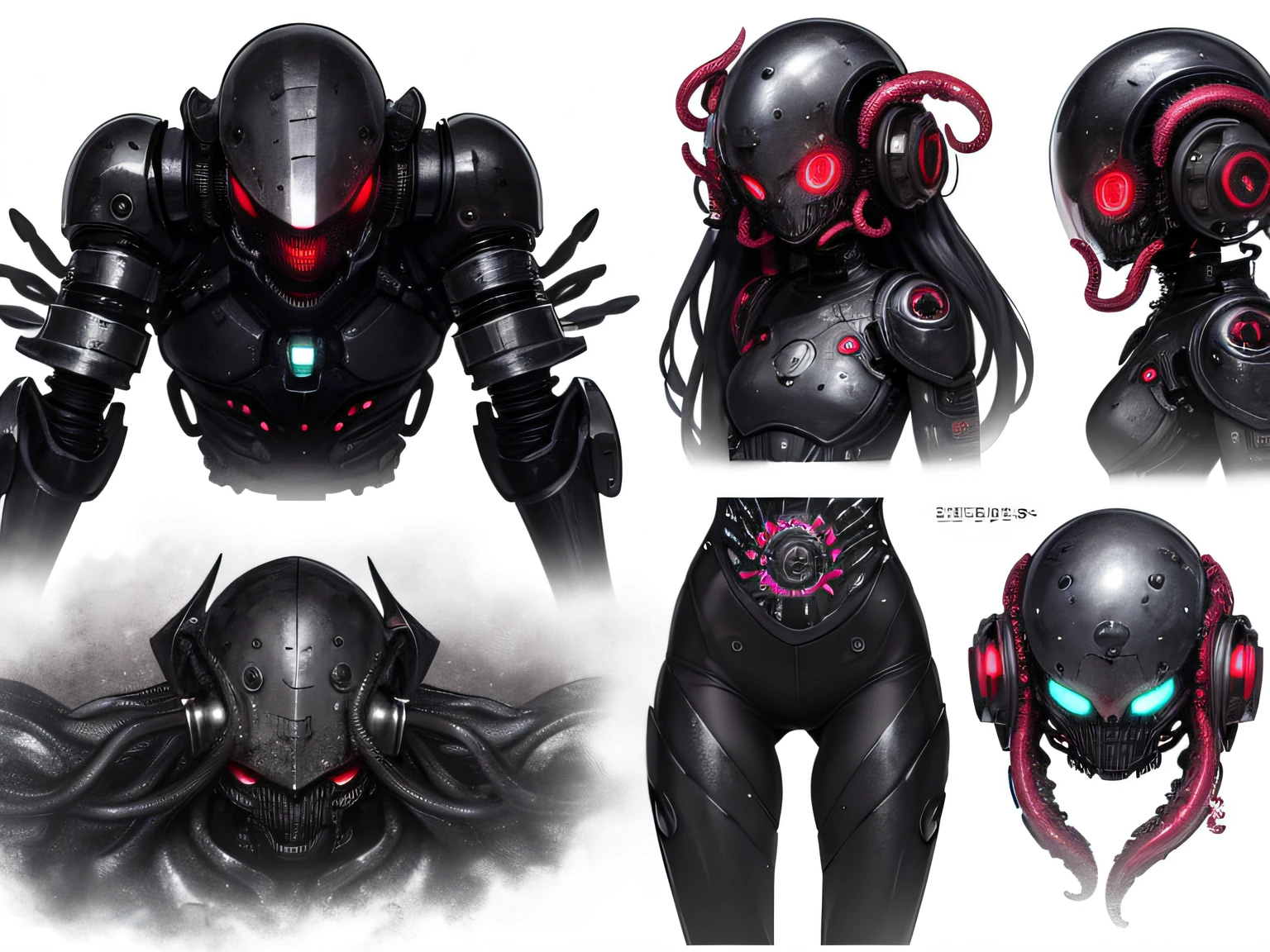 (((tentacles biopunk horror))), dark biopunk girl, ((biopunk character sheet)), ((multiple poss and expressions)), red gray hair, (cast iron full face helmet), short clothes, biopunk mechanical clothing, biopunk meat augmentations, Cold lighting, abandoned landscape in biopunk style, (Biopunk style), Horror atmosphere, the presence of something scary, very detailed biopunk background, (Hans Giger's gadgets), perfect anatomy, Masterpiece