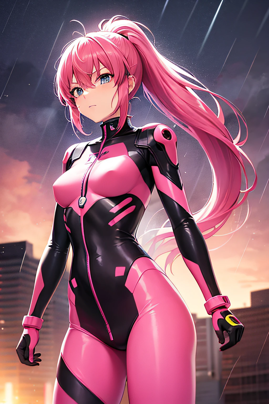 (cowboy shot), Saigusa Haruka, pink hair, ponytail, sidetail, psychopatic face, evil face, emotionless face, anime character in a futuristic suit standing in city, (rain), (city), bodysuit, neon bodysuit, secret agent, girl in mecha cyber armor, neon genesis evangelion style, (manga style), old manga, sci-fi anime, modern mecha anime,