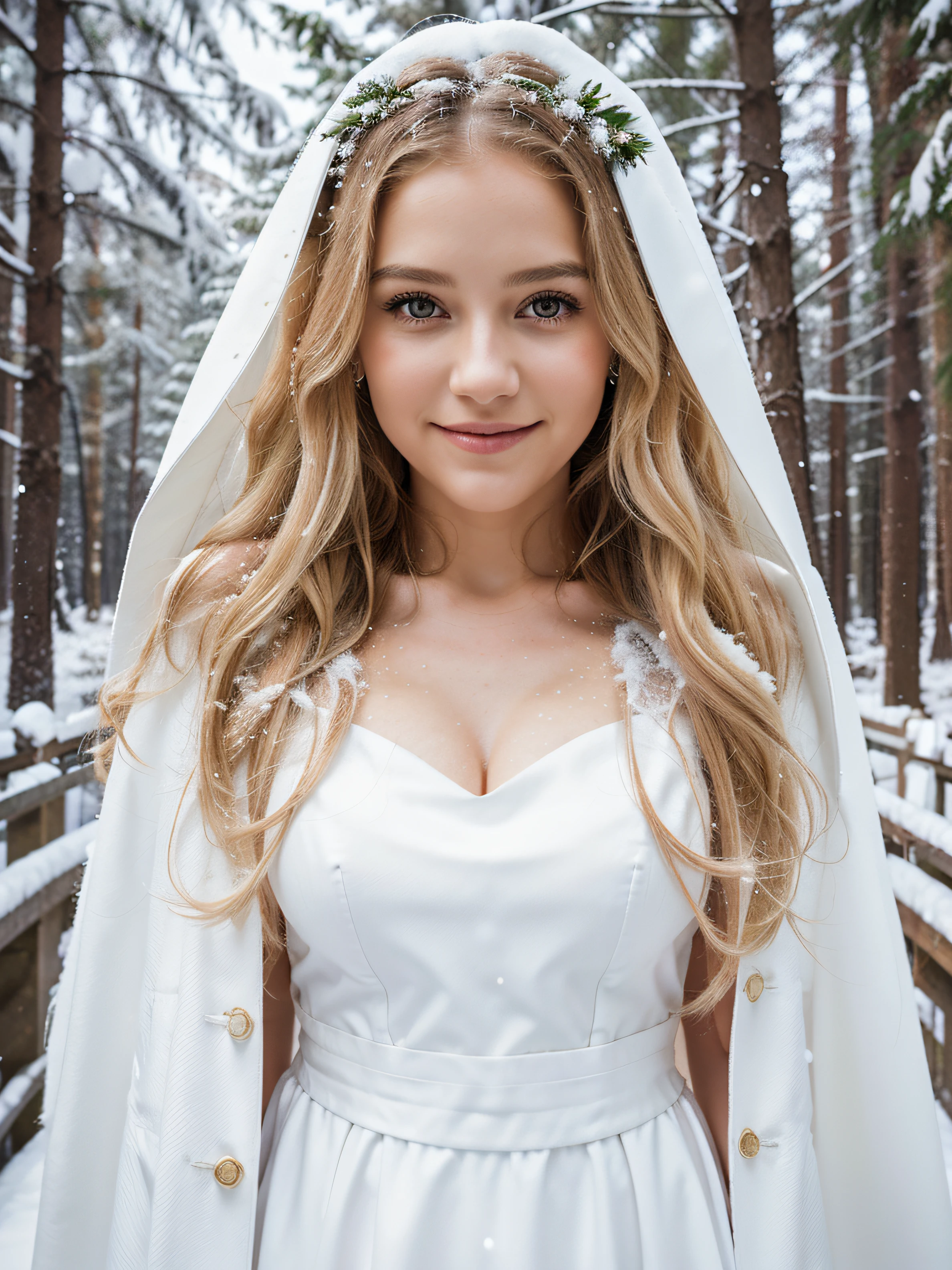 handsome girl, with long blond curly hair, in a wedding dress with a white fur cape, with a slight smile on his face. Stands against the backdrop of a snowy forest, Sunny weather, snowing, Christmas atmosphere, The atmosphere of the holiday, Cinematography, Highest Quality, high detail