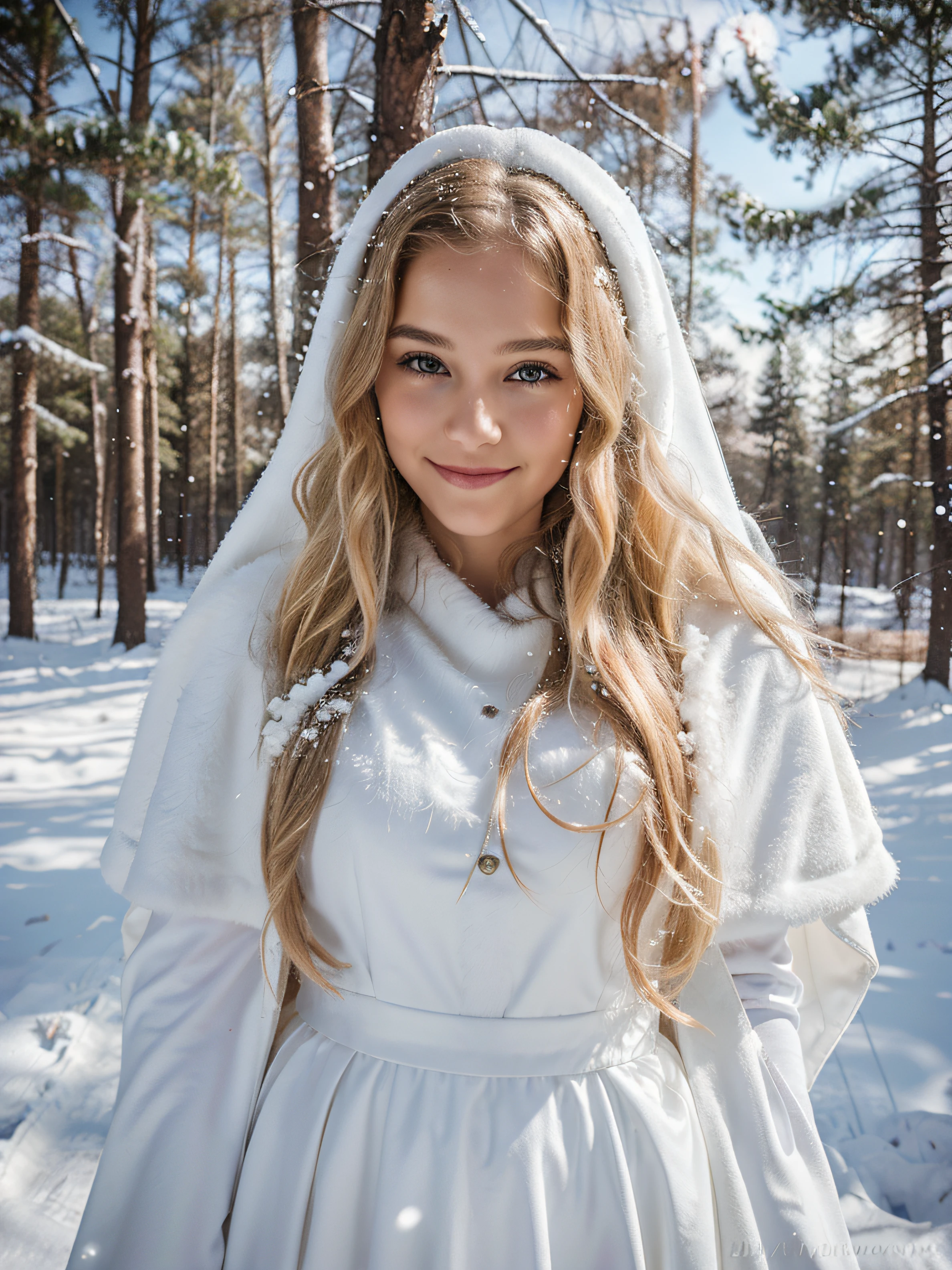 handsome girl, with long blond curly hair, in a wedding dress with a white fur cape, with a slight smile on his face. Stands against the backdrop of a snowy forest, Sunny weather, snowing, Christmas atmosphere, The atmosphere of the holiday, Cinematography, Highest Quality, high detail