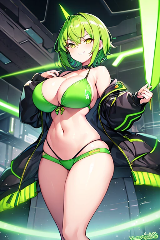 1girl, large breasts, breasts, thick thighs, wide hips, green hair, very short hair, short hair, yellow eyes, bikini, black bikini, neon trim, green neon trim, smile, smirk, smug, futuristic, science-fiction, tech, shoes, sneakers, green neon trim, green trim, v-string, full body