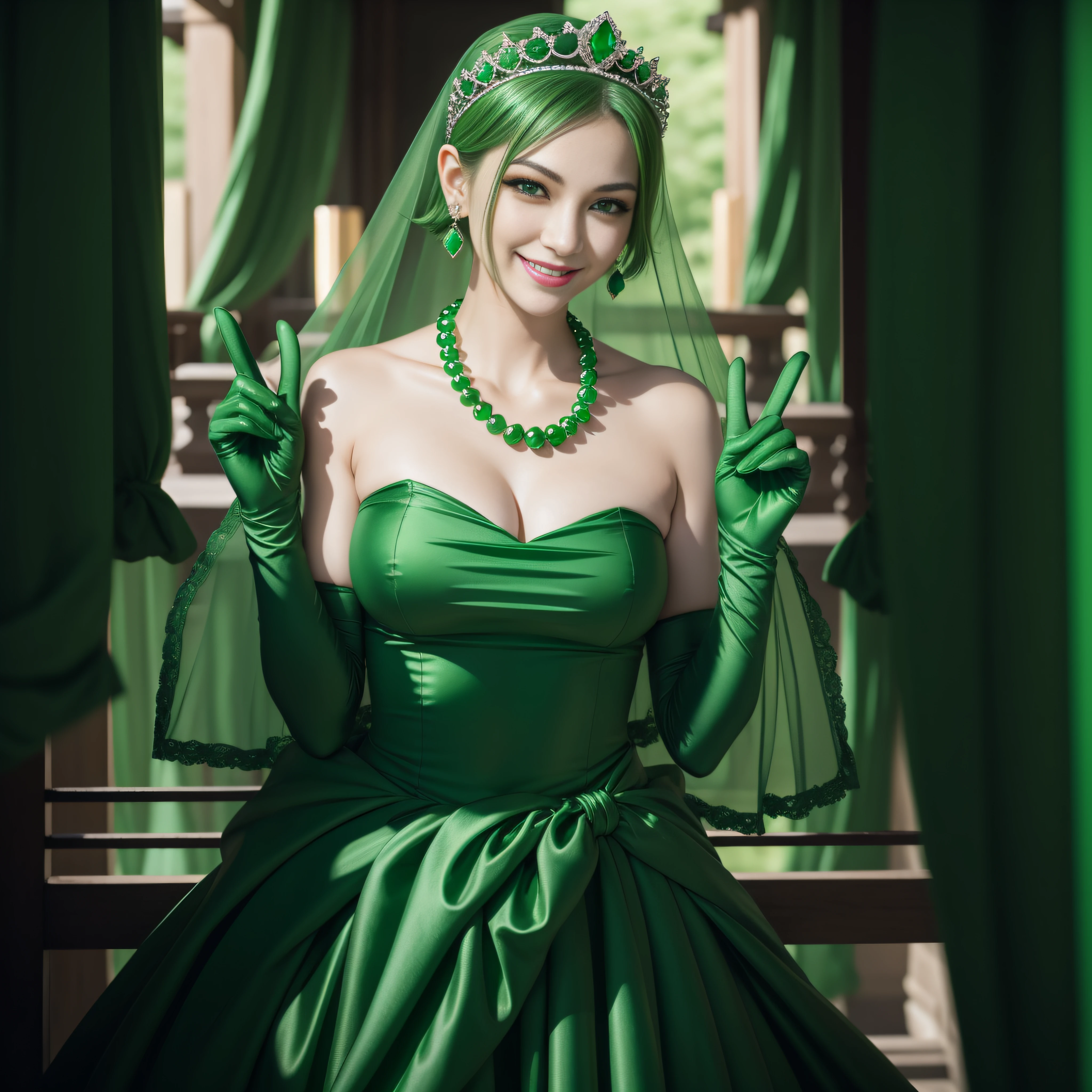 emerald tiara, Green Pearl Necklace, Boyish very short green hair, lipsticks, Japan woman smiling, very short short hair, big breasts beautiful, Green eyes, Long green gloves made of satin material, Green eyes, Emerald Earrings, green vale, v sign