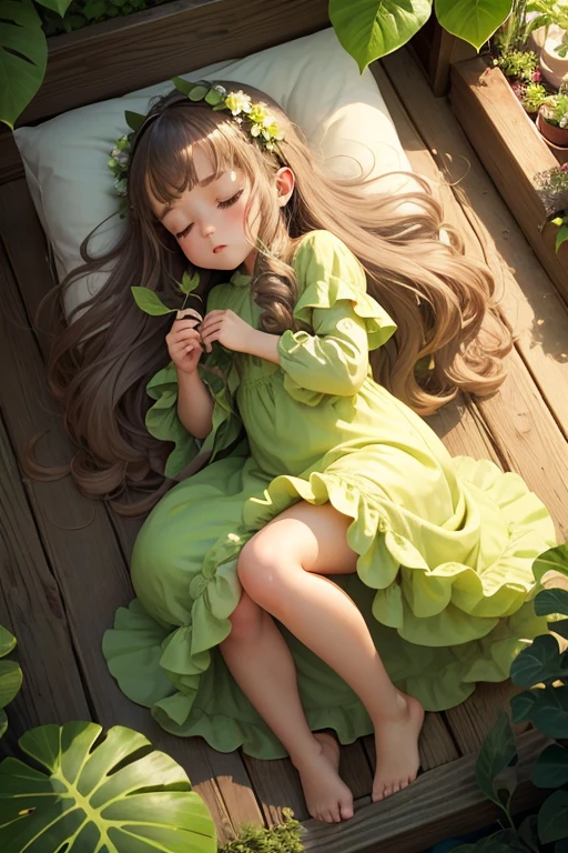 (masterpiece:1.2), (Best quality:1.2), Perfect lighting, cute cozy style symmetric,  girl perfect sleep in a giant plant leaf flower, sleep on side curl up in real giant plant leaf, sleep curl up, front frontal view, face european caucasian, poster style epic, fullbody, wearing herbal decor cloth light night dress, no crop,