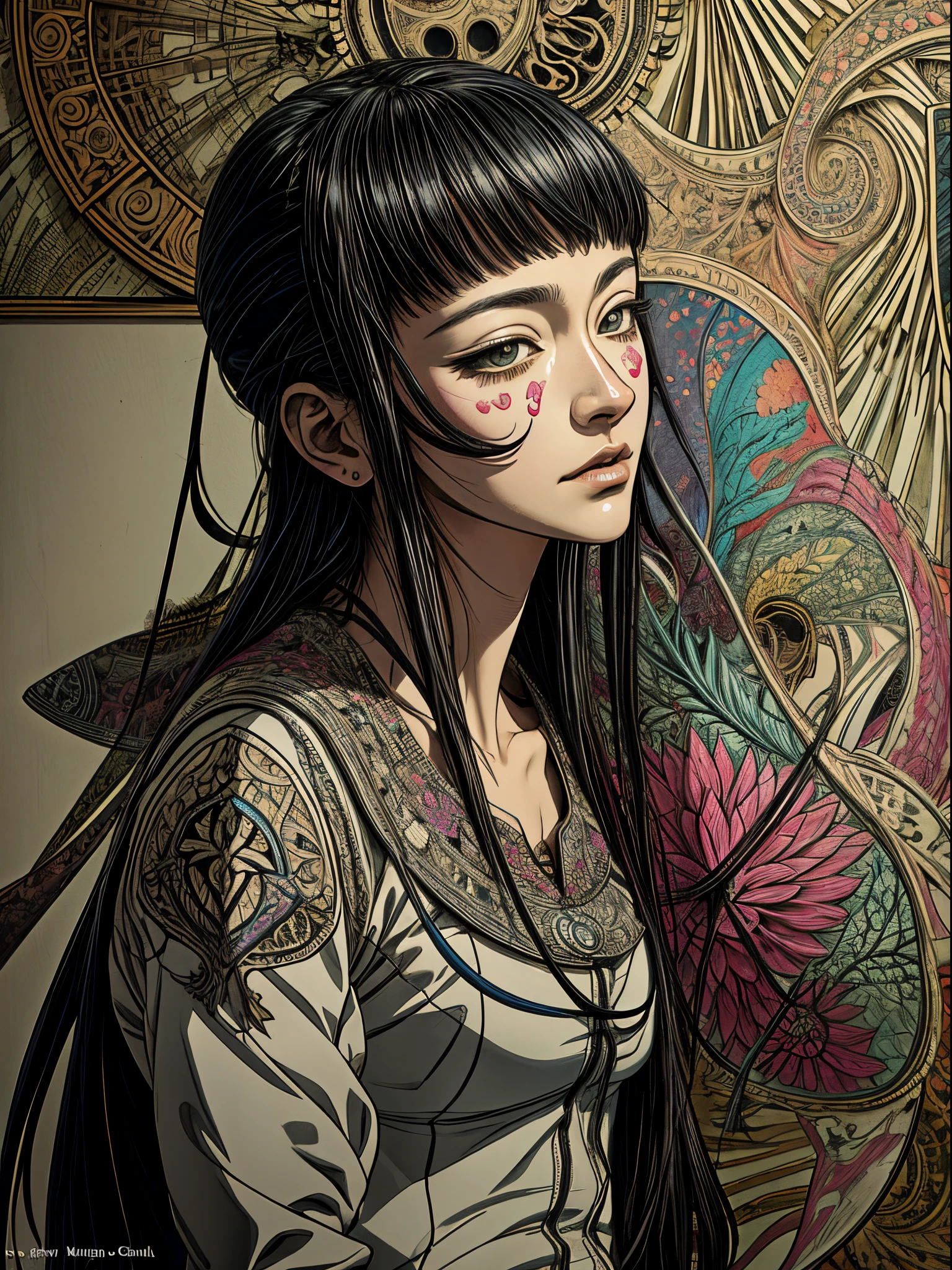 official art, unity 8k wallpaper, ultra detailed, beautiful and aesthetic, masterpiece, best quality, (zentangle, mandala, tangle, entangle), (fractal art:1.3) , 1girl, extremely detailed, dynamic angle, cowboyshot, the most beautiful form of chaos, elegant, a brutalist designed, vivid colours, romanticism, by james jean, roby dwi antono, ross tran, francis bacon, michal mraz, adrian ghenie, petra cortright, gerhard richter, takato yamamoto, ashley wood, atmospheric, ecstasy of musical notes, streaming musical notes visible
