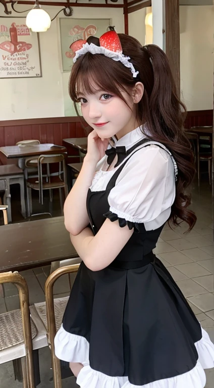 promo photo, The place is a seaside cafeteria，1 girl, **-****-*** face, waitresses, Red-headed twin-tailed, Gentle face, Gothic Lolita half costume and maid costume with strawberry image, Clothes based on white,