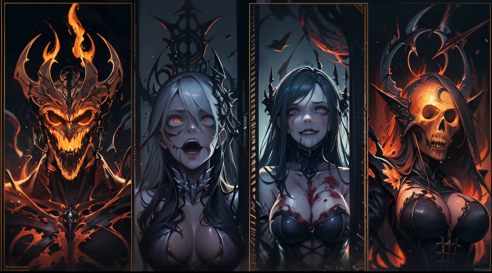 fire and brimstone , Evil, Starlight, Witch, big tits ,Creepy Olpntng style, "I Saw the Blood Bar, Crazy" Saw the Blood Bar, Kill God Show You! mysterious, full-body shot, soft skin, perfect face, ultra-detailed intricate gothic art trends in artstation ternary colors, unreal engine, fantasy, intricate details, splash screen, complementary colors, fantasy concept art, 8k resolution, gothic deviant art masterpiece, heavy brushstrokes, paint dripping, darkness, unholy, evil, starlight, creepy