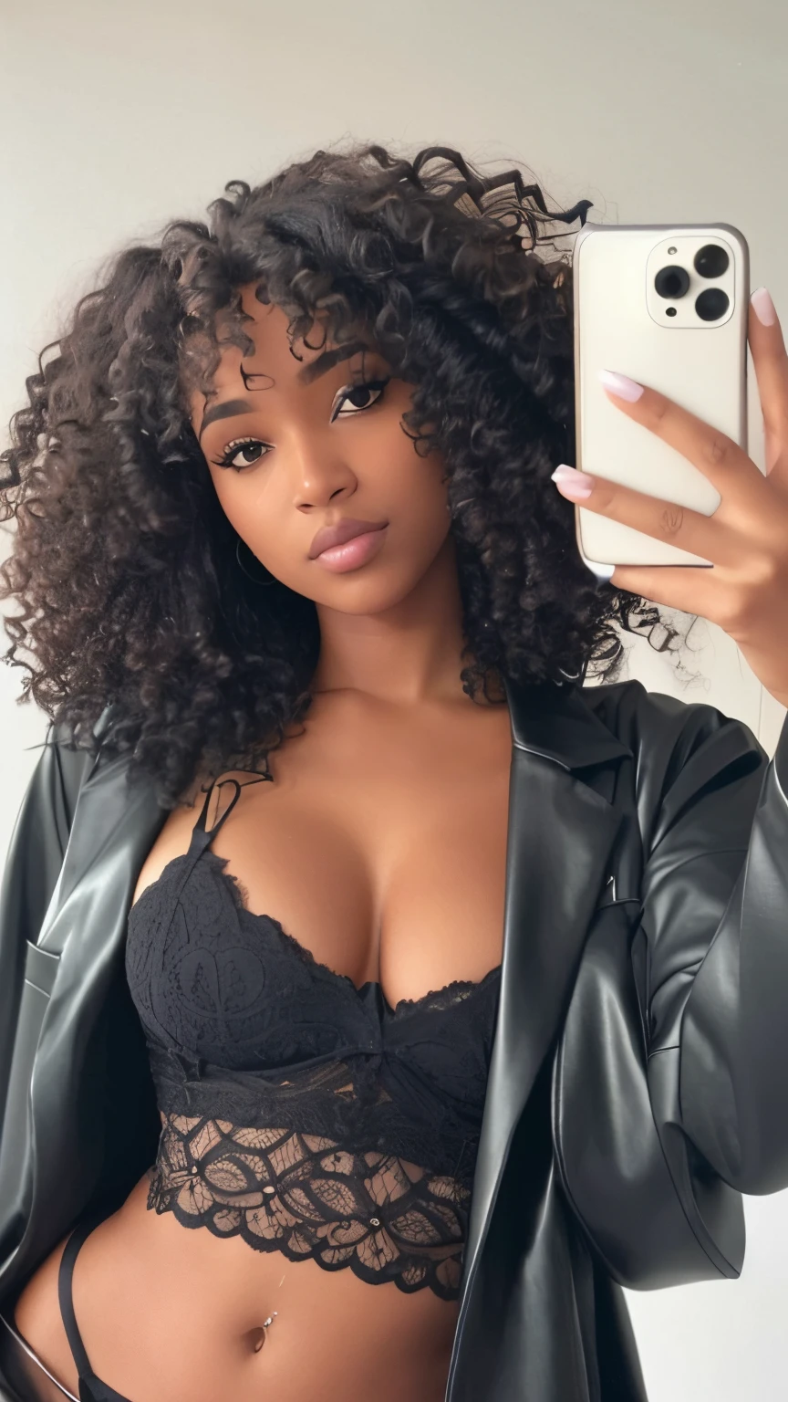 um close up de uma mulher tirando uma selfie com o celular, franja encaracolado, curly middle part haircut, Modelo do Instagram, com afro, cabelo encaracolado preto, afro encaracolado, beautiful city black woman only, selfie de uma jovem mulher, mulher jovem negra, cabelos cacheados, com tez escura, de pele escura, gorgeous female, seu rosto emoldurado com cachos