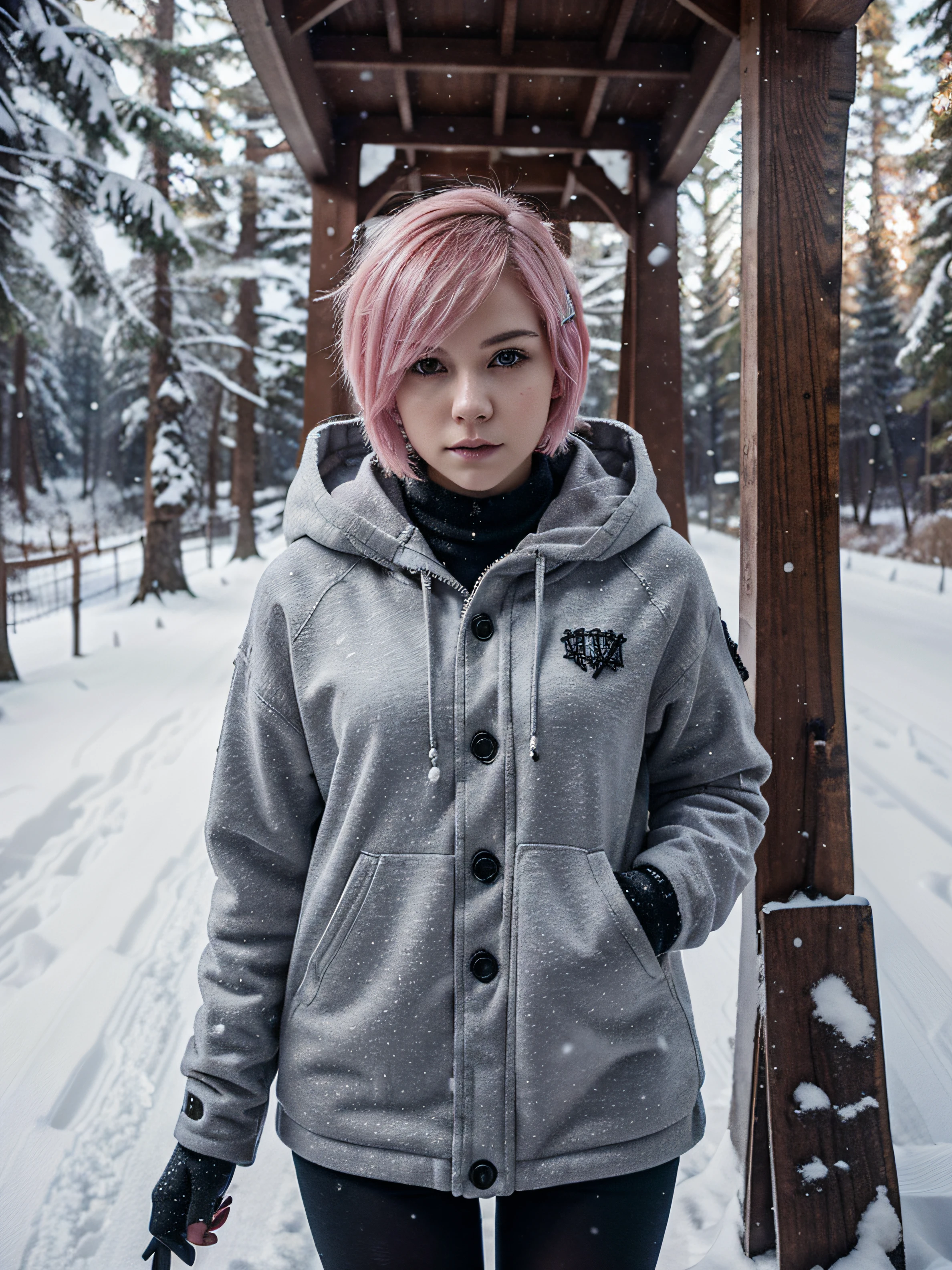 Very beautiful teenage girl, pink short hair, dressed lightly, but winter clothes in emo style, gotik, Cyberpunk style, against the backdrop of a snow-covered forest, Sunny weather, snowing, Cinematography, Highest Quality, high detail