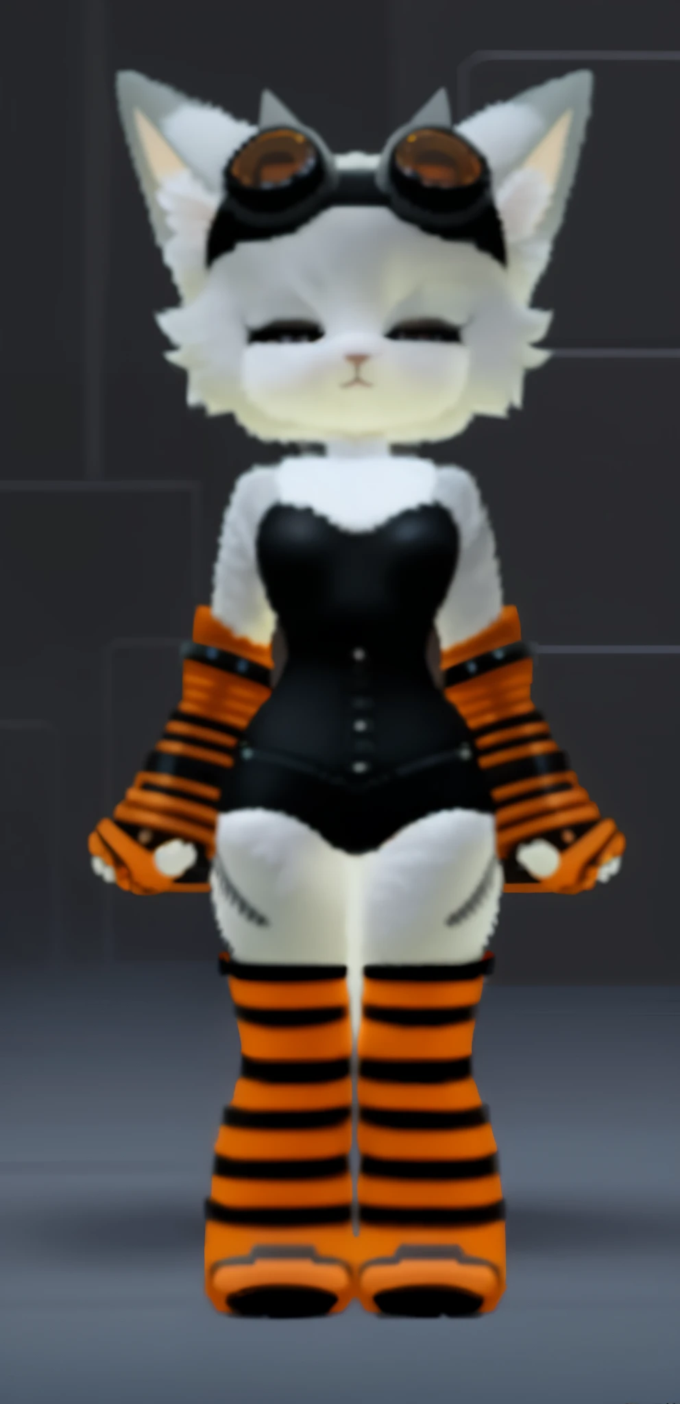 there is a cat in a costume that is standing up, leeloo outfit, fluffy orange skin, female outfit, goth cybersuit, small curvy , y 2 k cutecore clowncore, female furry mini cute style, maid outfit, faired skin, orange body, fantasy outfit, orange and black, fully robotic!! catgirl, black and orange